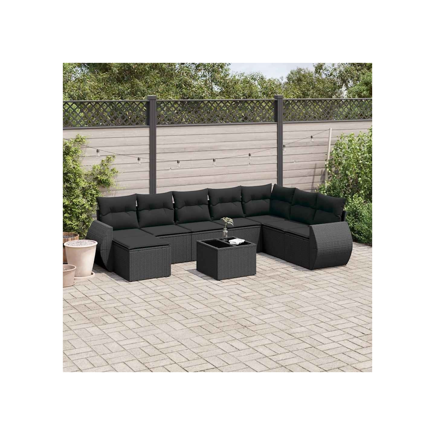 Salon de jardin 9 pcs avec coussins noir résine tressée