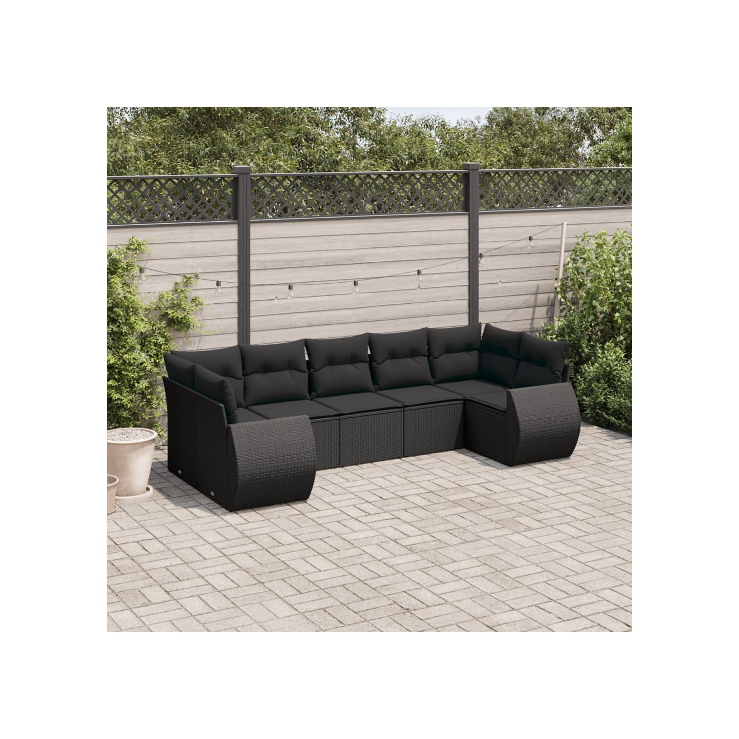 Salon de jardin 7 pcs avec coussins noir résine tressée