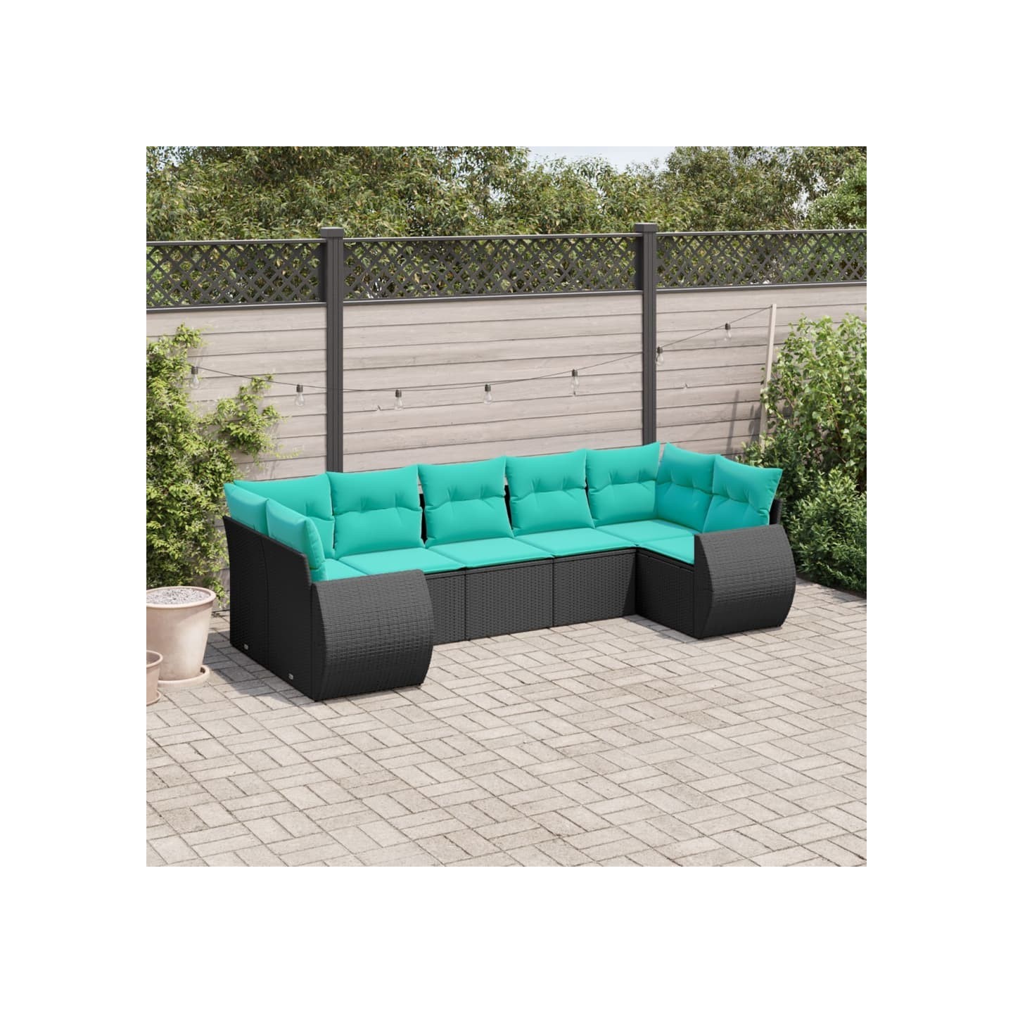 Salon de jardin 7 pcs avec coussins noir résine tressée