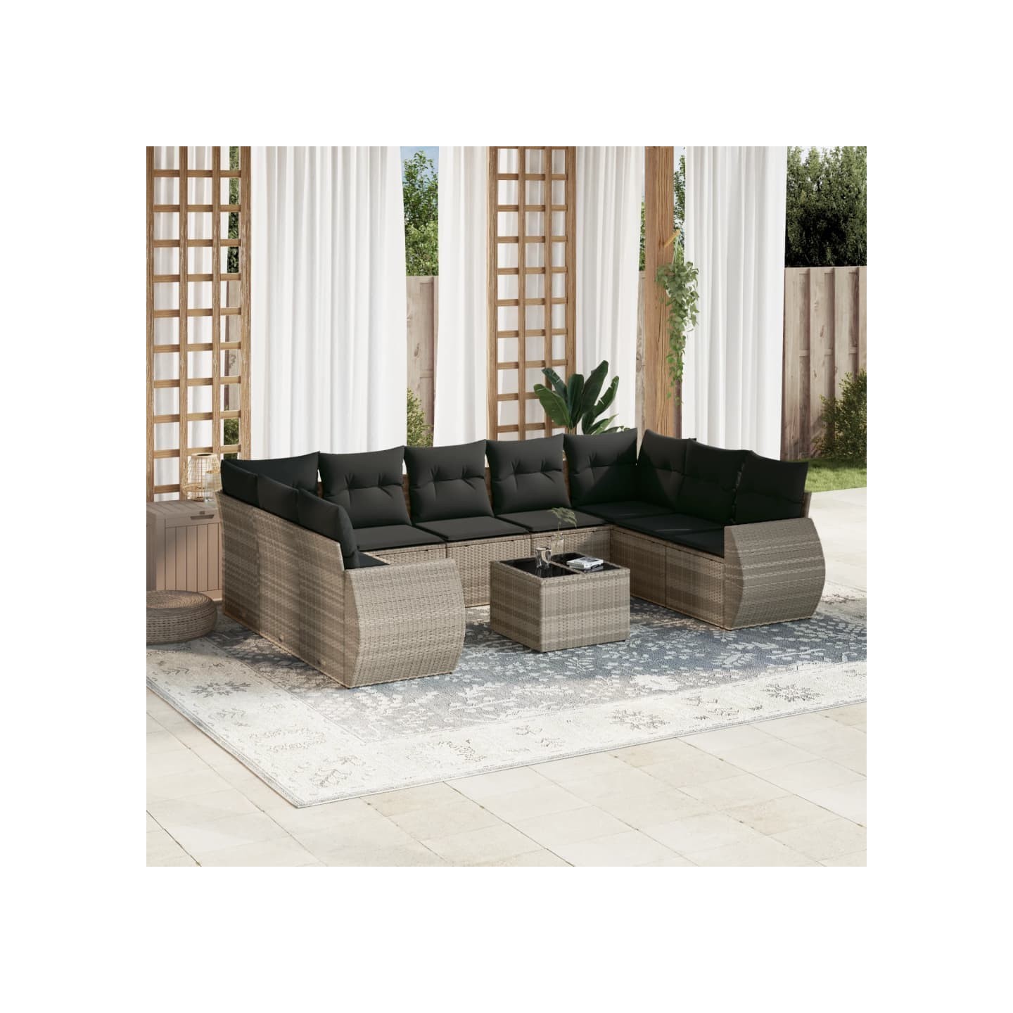 Salon de jardin avec coussins 10 pcs gris clair résine tressée