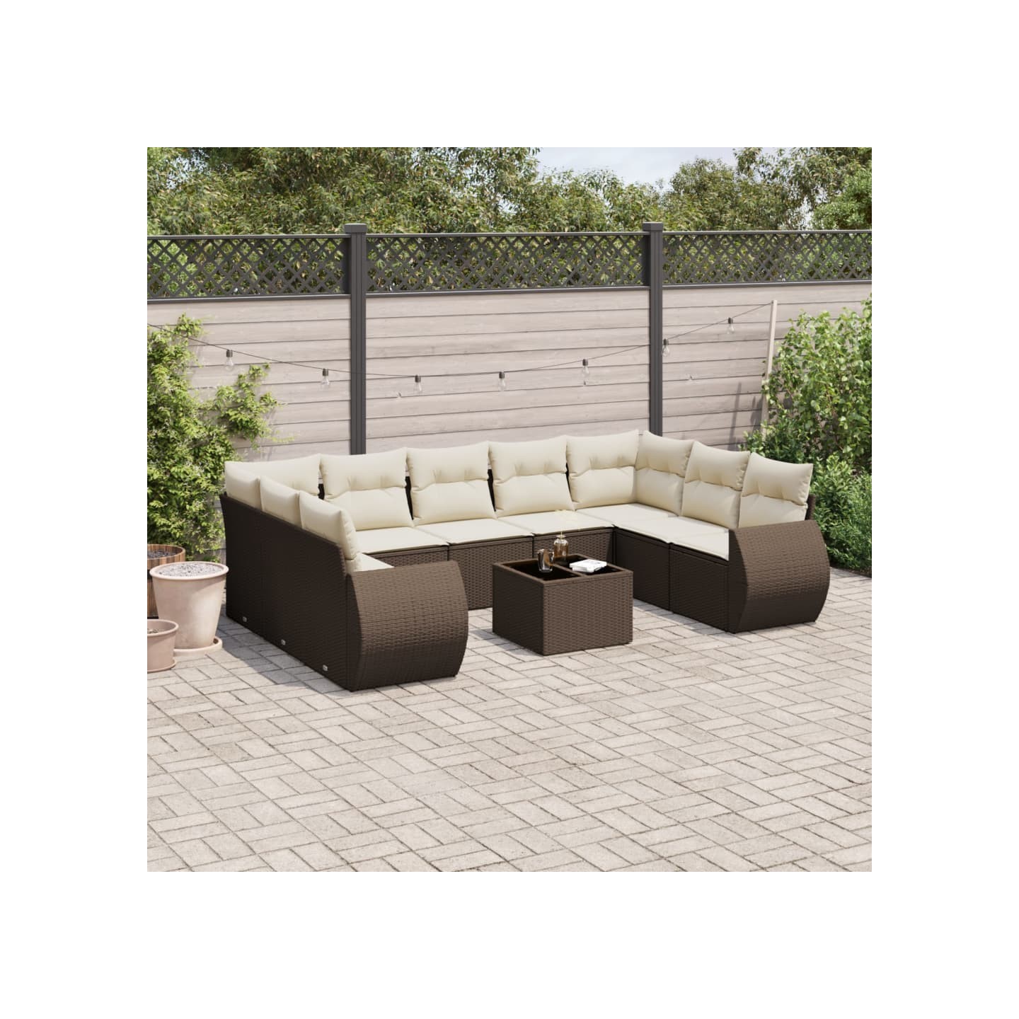 Salon de jardin 10 pcs avec coussins marron résine tressée