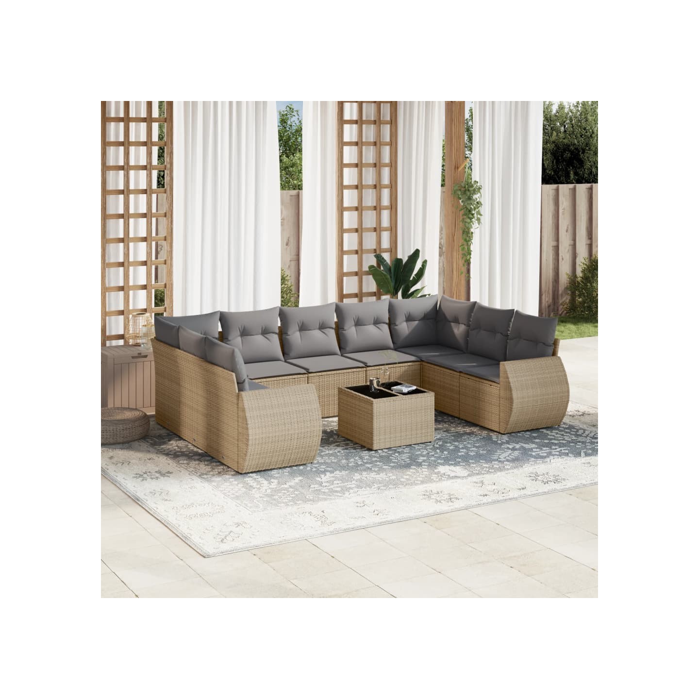 Salon de jardin avec coussins 10 pcs beige résine tressée