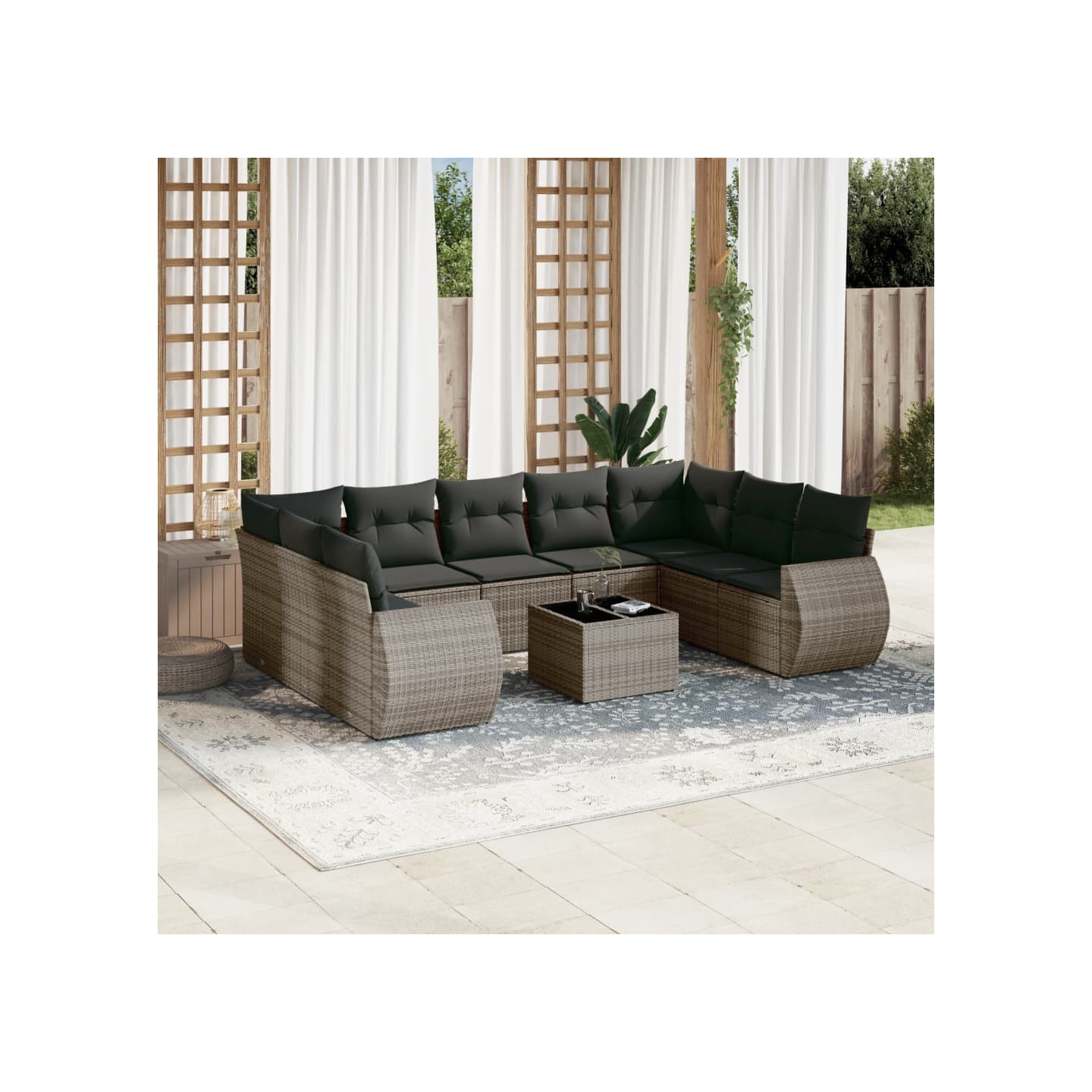 Salon de jardin avec coussins 10 pcs gris résine tressée