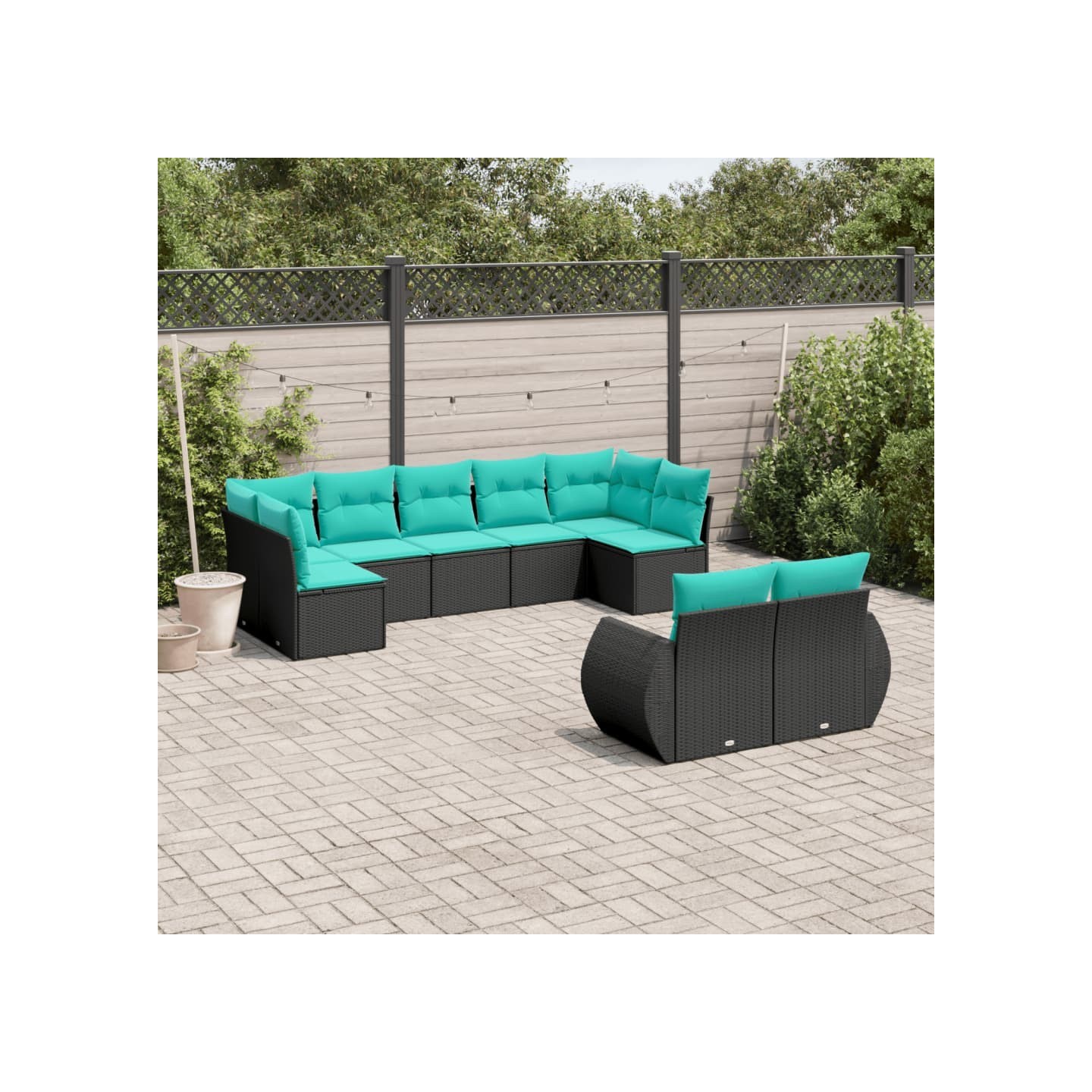 Salon de jardin 9 pcs avec coussins noir résine tressée