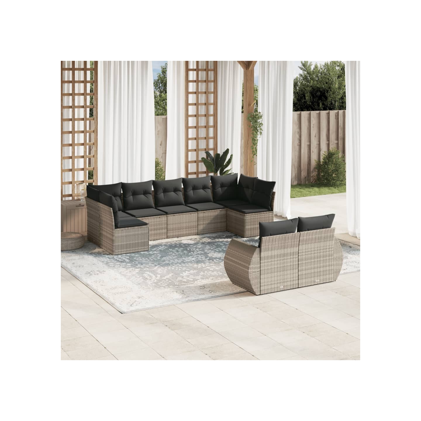 Salon de jardin 9 pcs avec coussins gris clair résine tressée