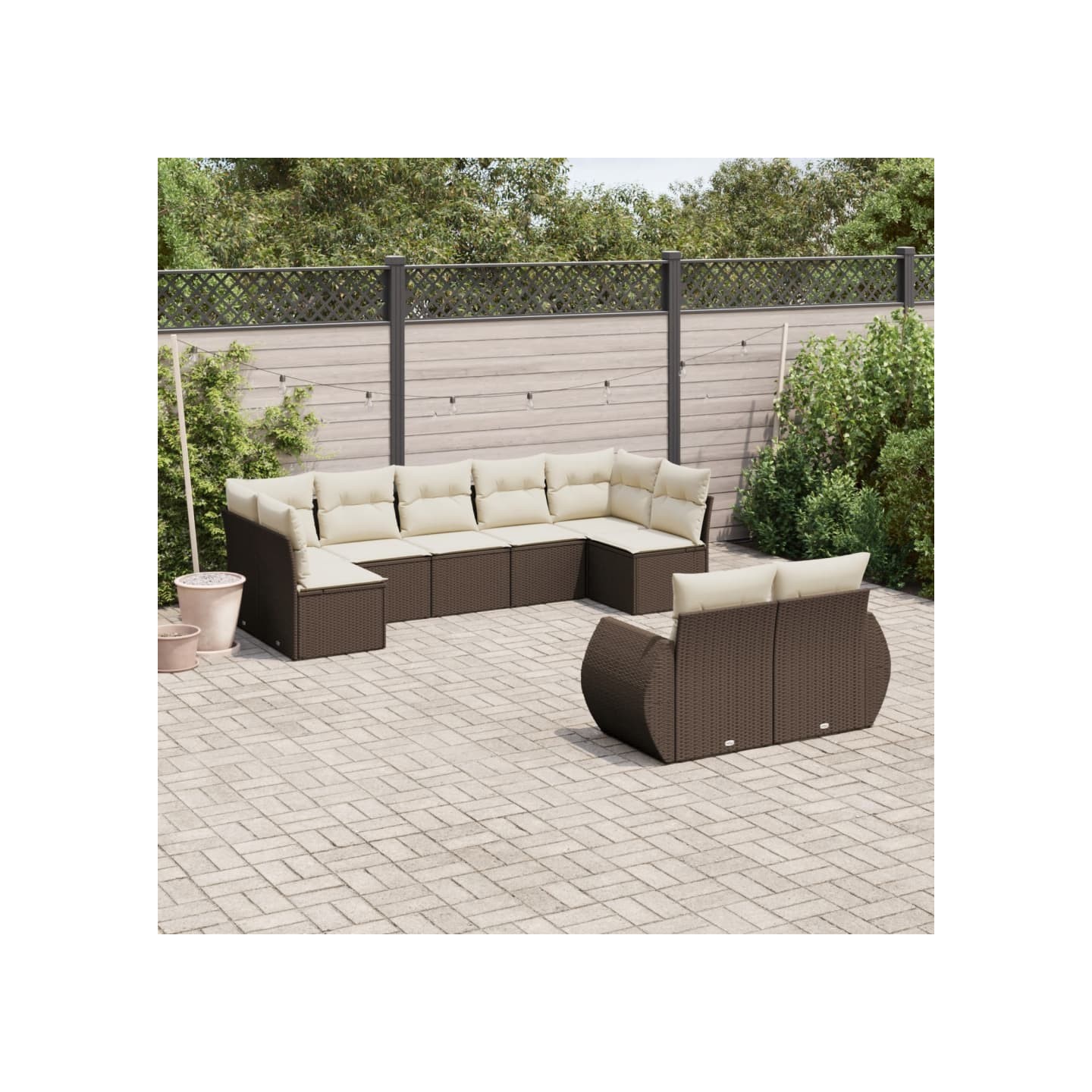 Salon de jardin avec coussins 9 pcs marron résine tressée