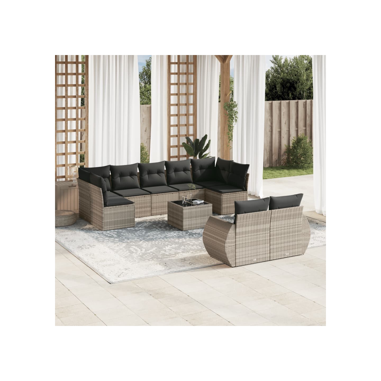 Salon de jardin avec coussins 10 pcs gris clair résine tressée
