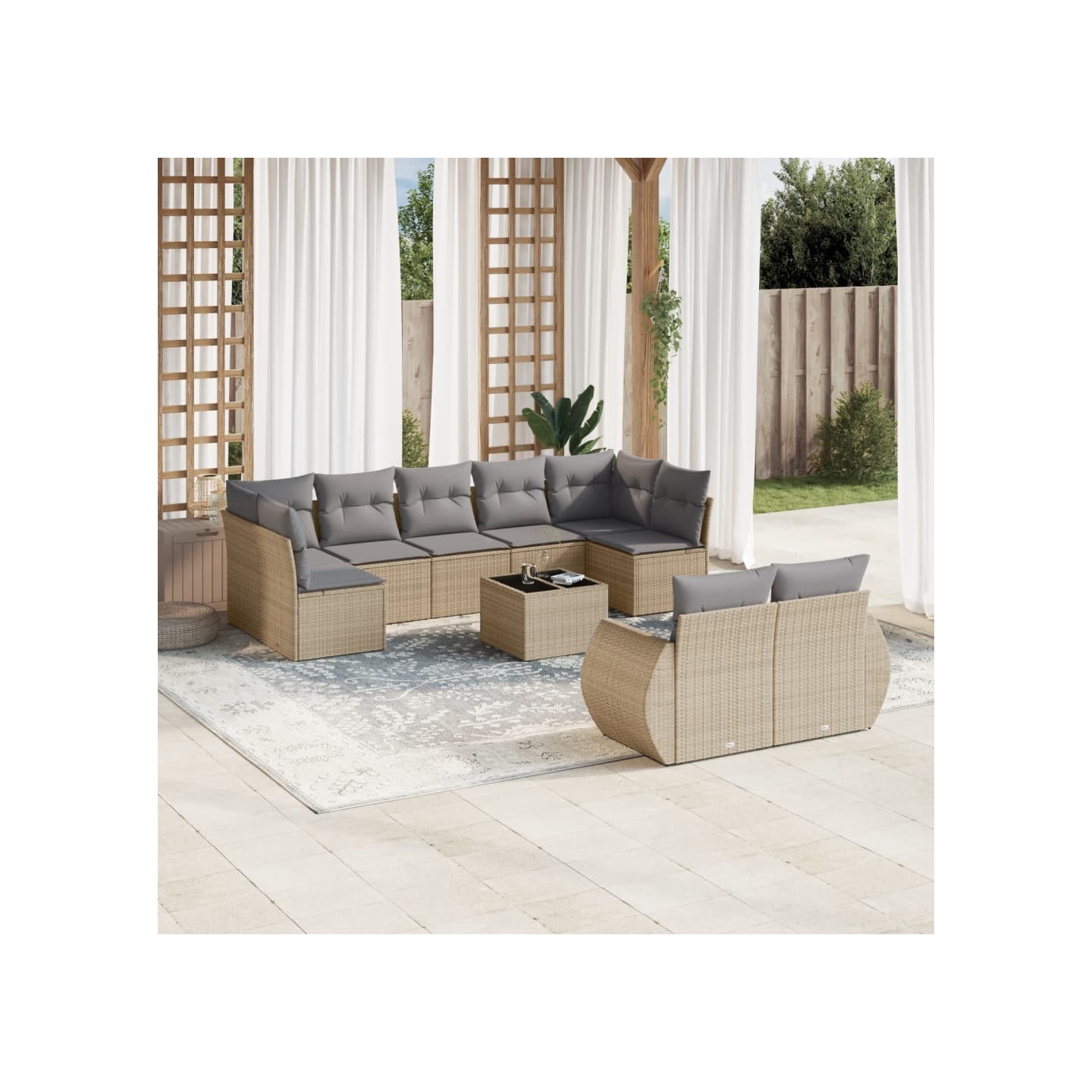 Salon de jardin avec coussins 10 pcs beige résine tressée
