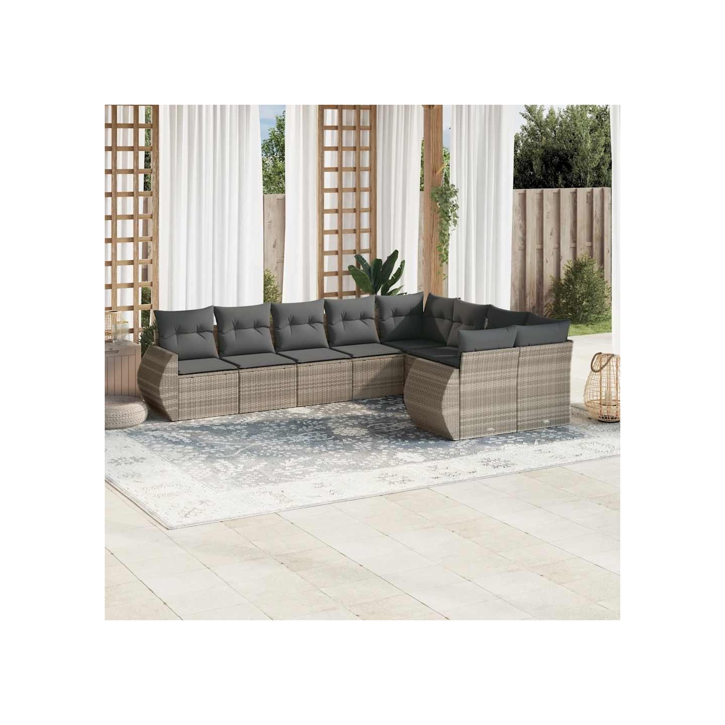 Salon de jardin 9 pcs avec coussins gris clair résine tressée