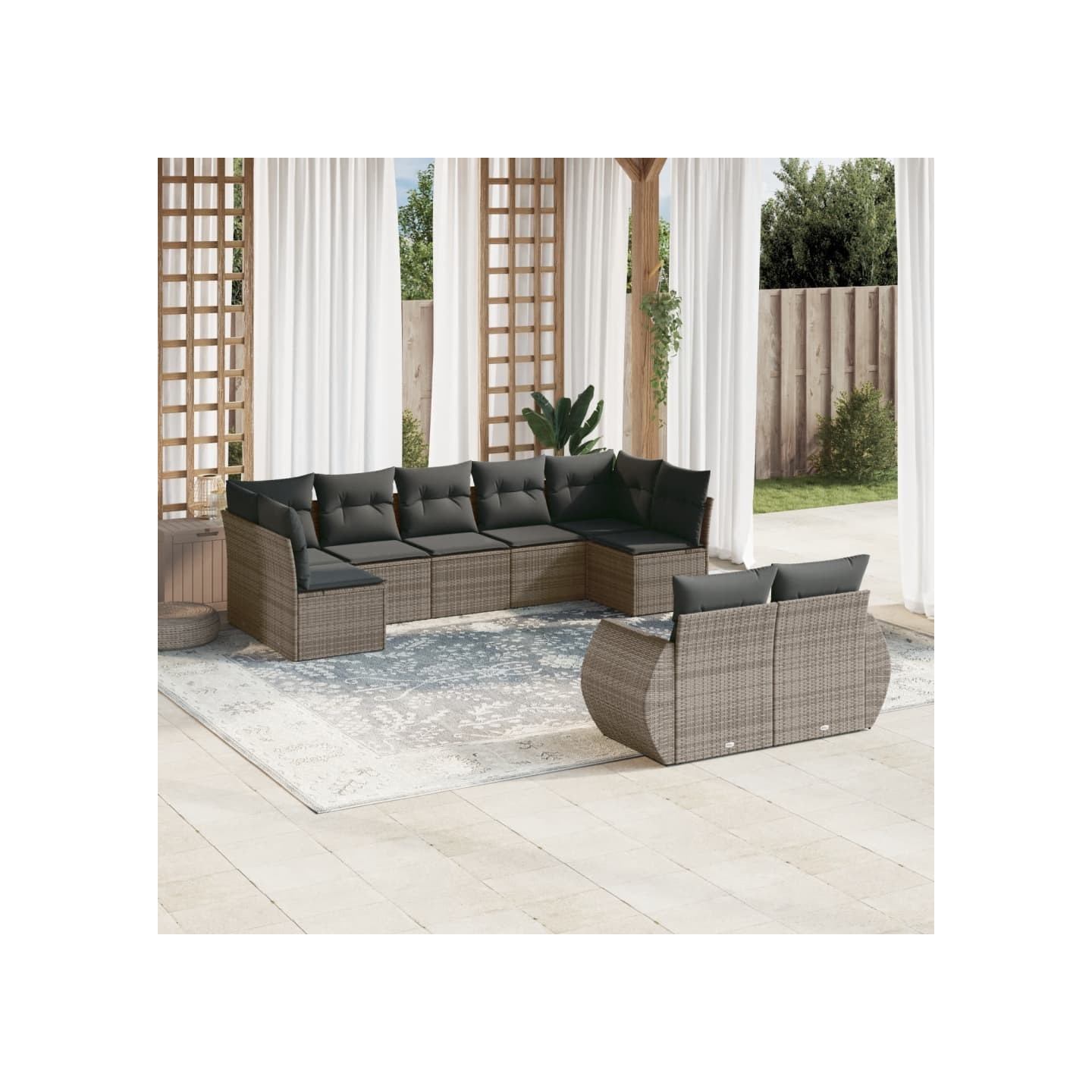 Salon de jardin 9 pcs avec coussins gris résine tressée