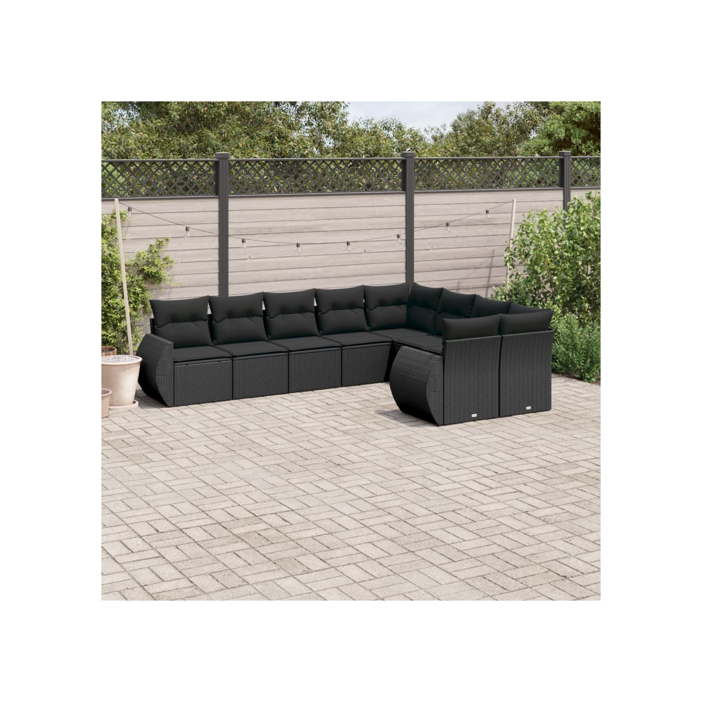 Salon de jardin 9 pcs avec coussins noir résine tressée