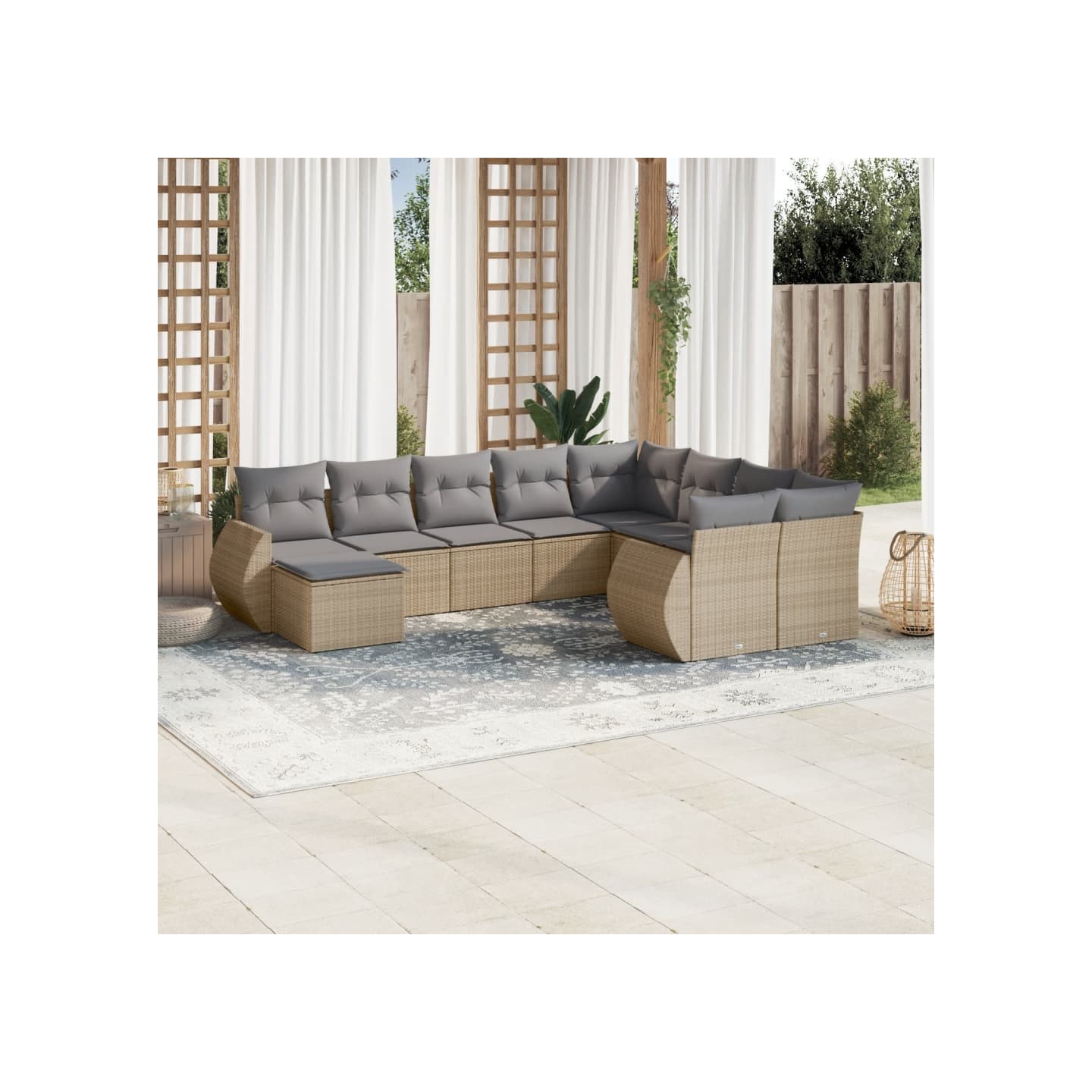 Salon de jardin avec coussins 10 pcs beige résine tressée