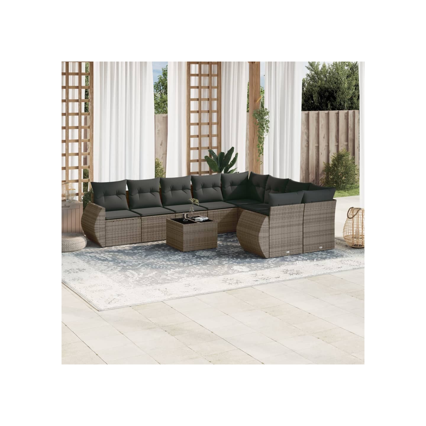 Salon de jardin avec coussins 10 pcs gris résine tressée