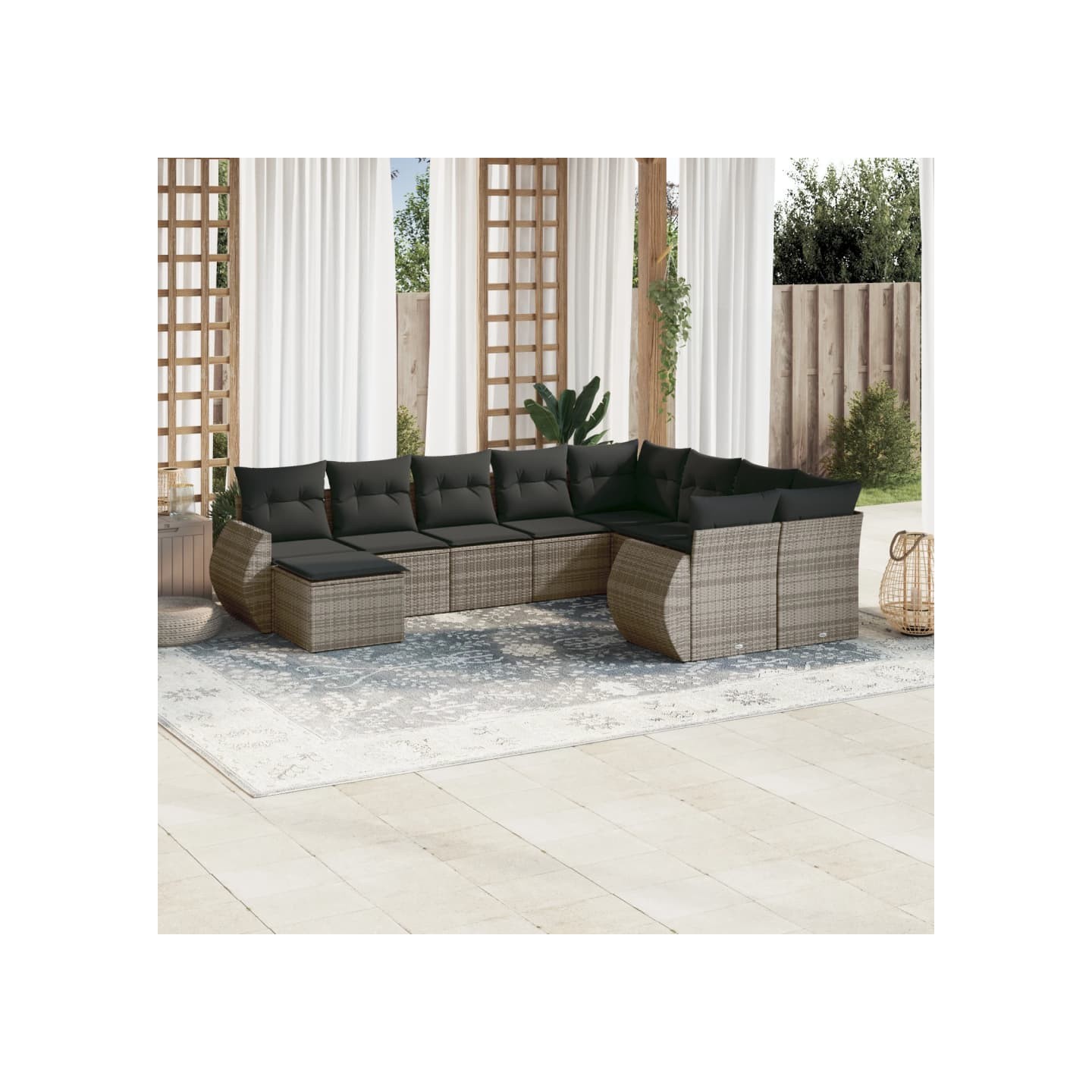 Salon de jardin avec coussins 10 pcs gris résine tressée