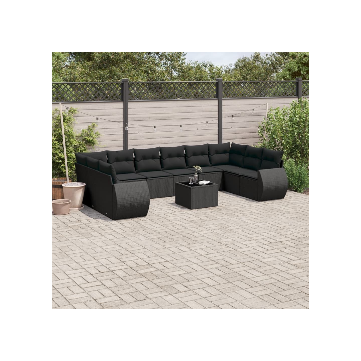 Salon de jardin 11 pcs avec coussins noir résine tressée