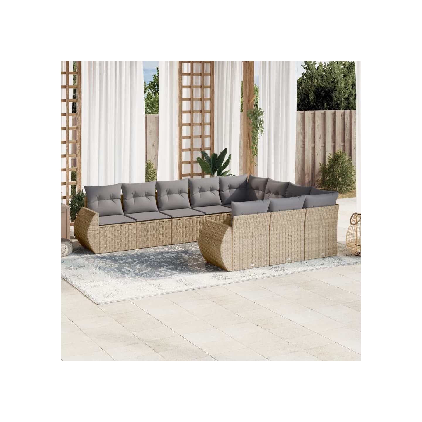 Salon de jardin avec coussins 10 pcs beige résine tressée