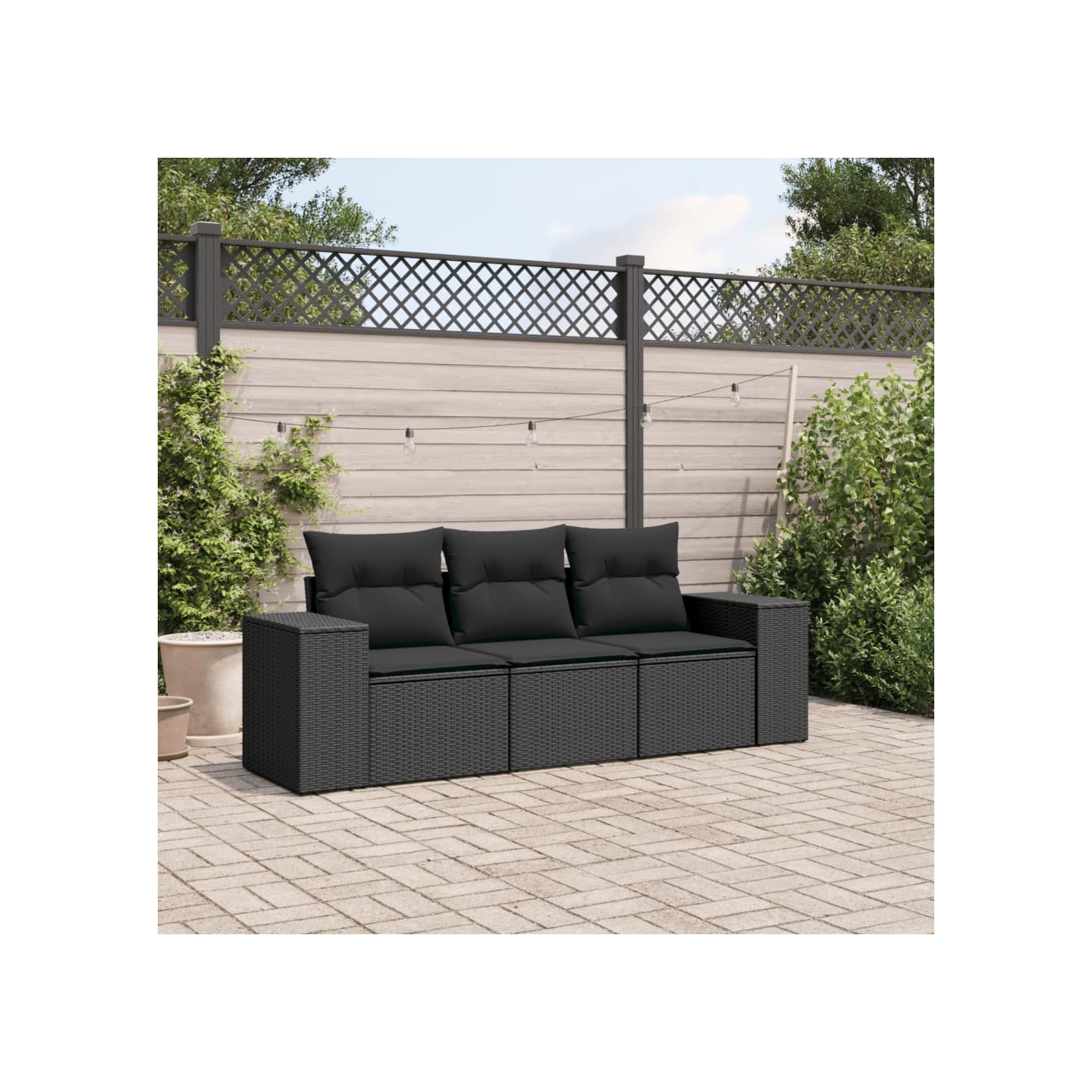 Salon de jardin 3 pcs avec coussins noir résine tressée