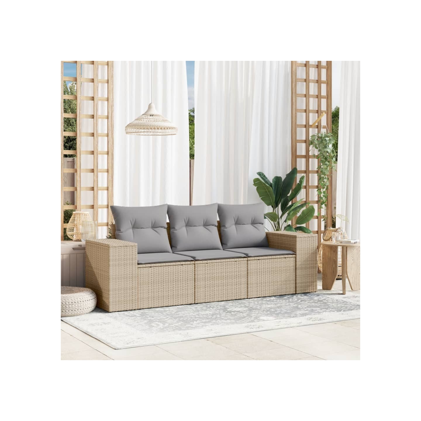 Salon de jardin avec coussins 3 pcs beige résine tressée