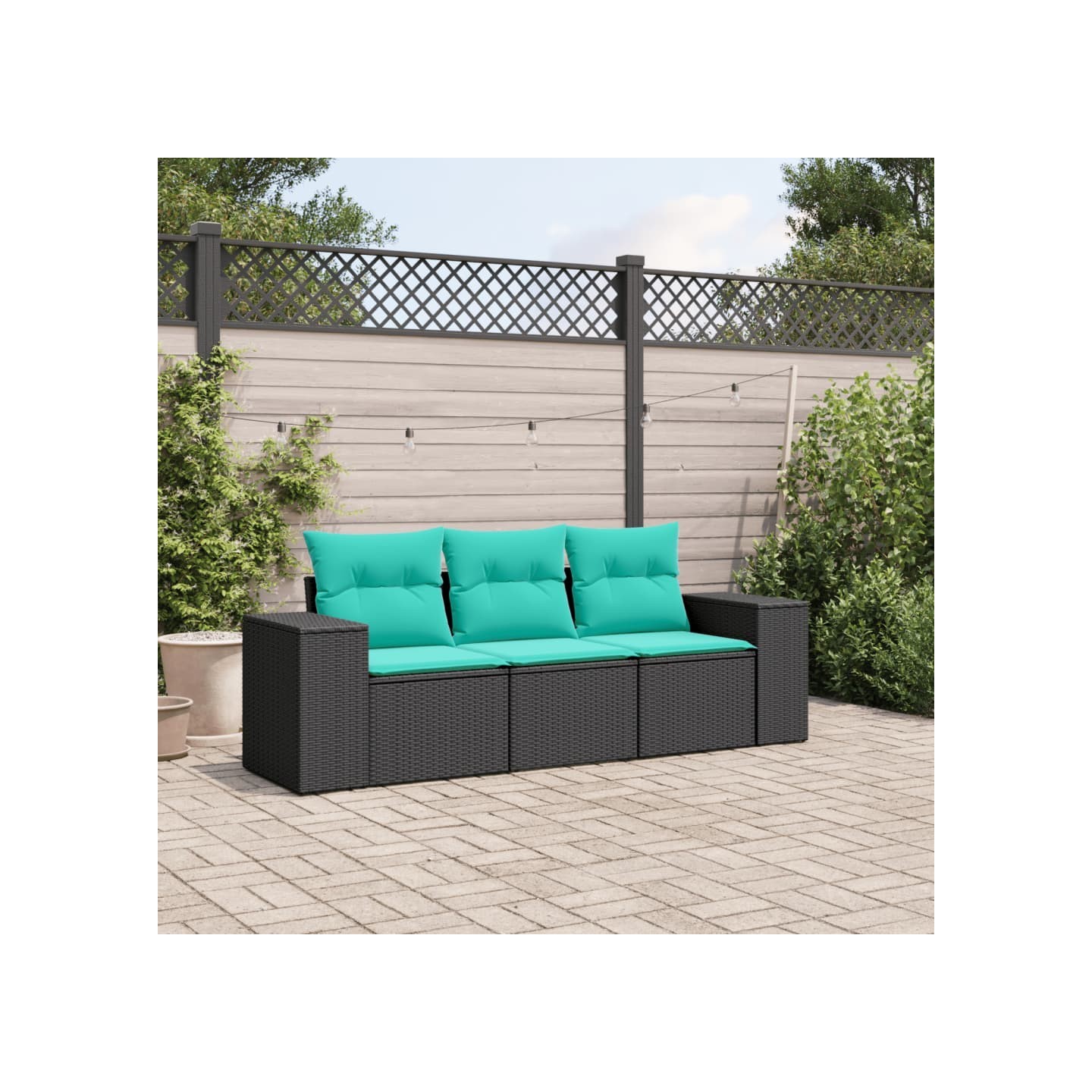 Salon de jardin 3 pcs avec coussins noir résine tressée