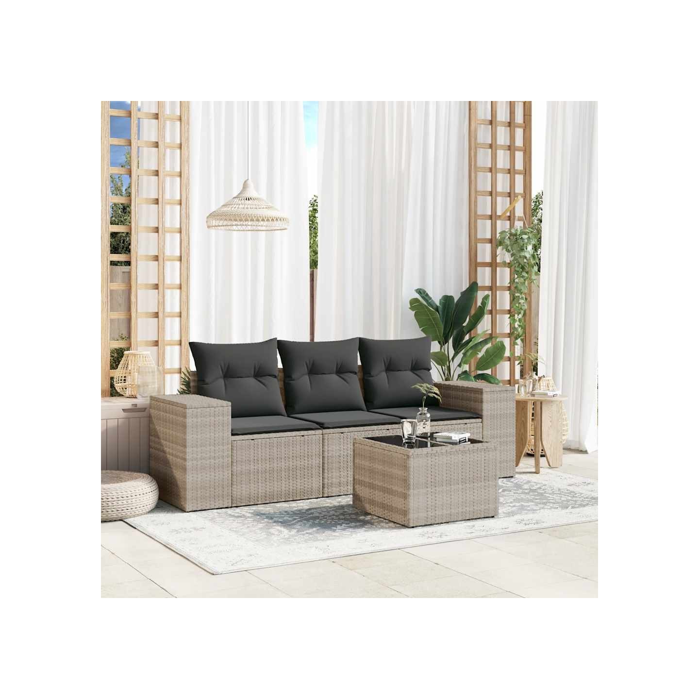 Salon de jardin 4 pcs avec coussins gris clair résine tressée