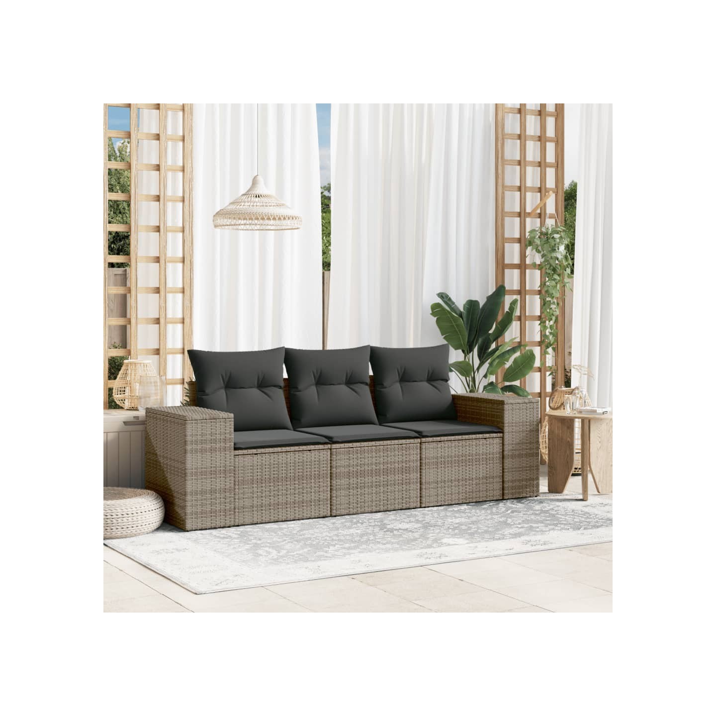 Salon de jardin avec coussins 3 pcs gris résine tressée