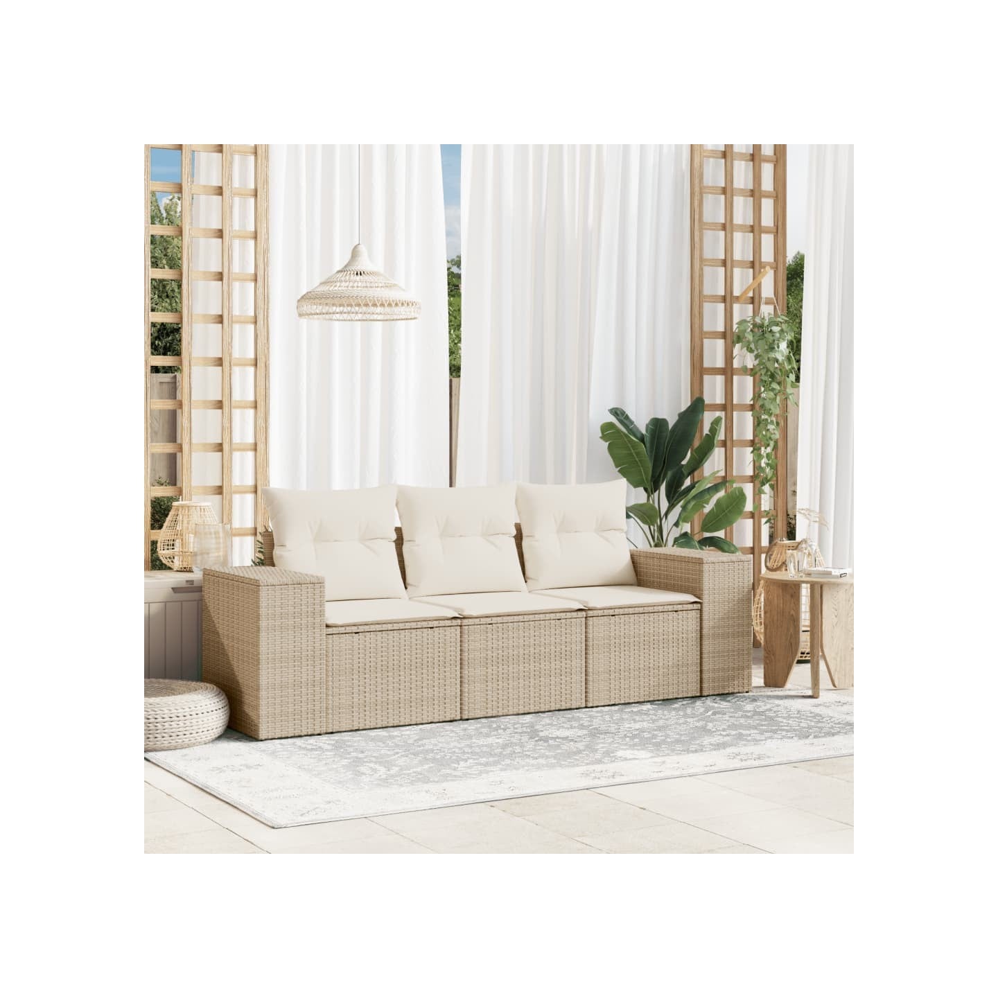 Salon de jardin avec coussins 3 pcs beige résine tressée