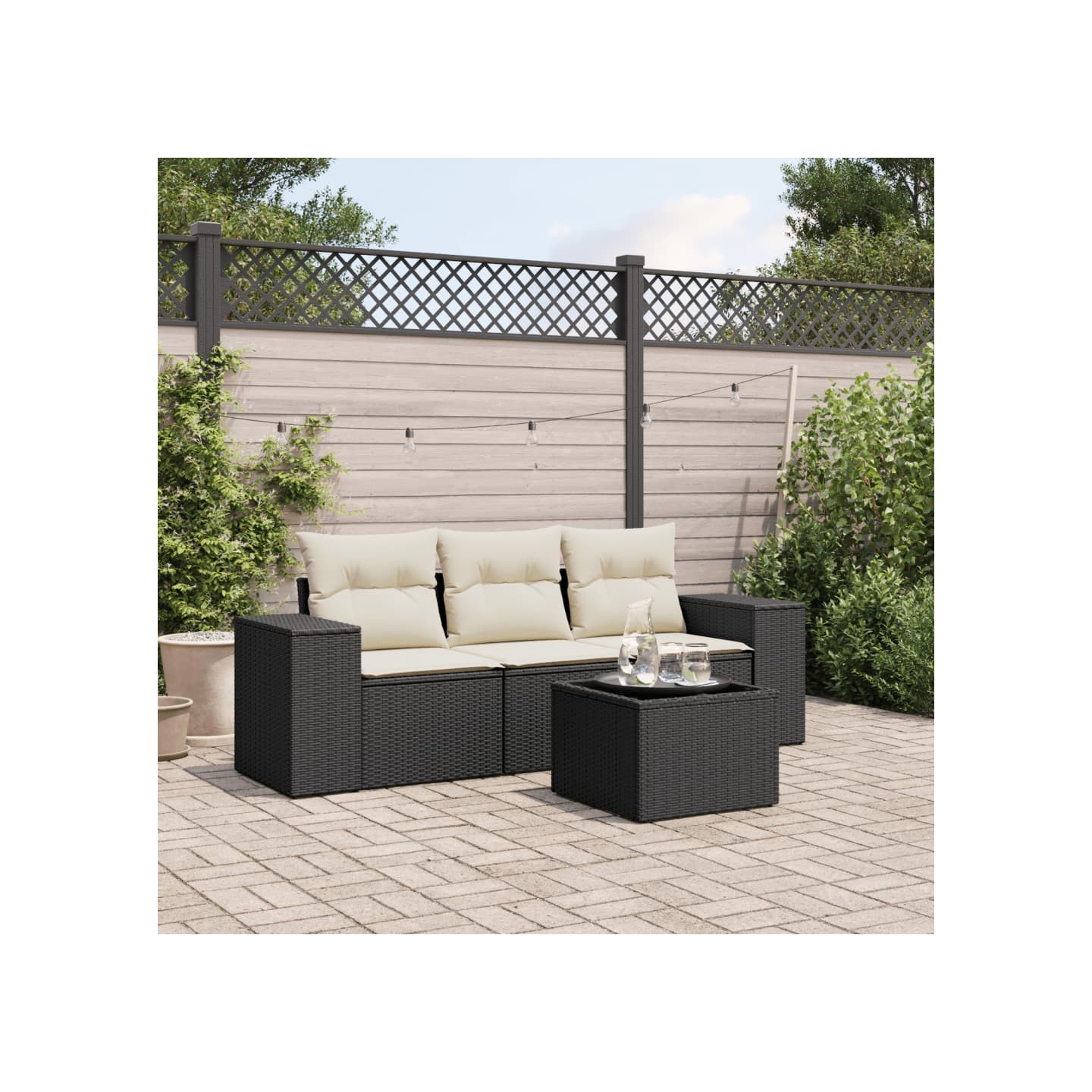 Salon de jardin 4 pcs avec coussins noir résine tressée
