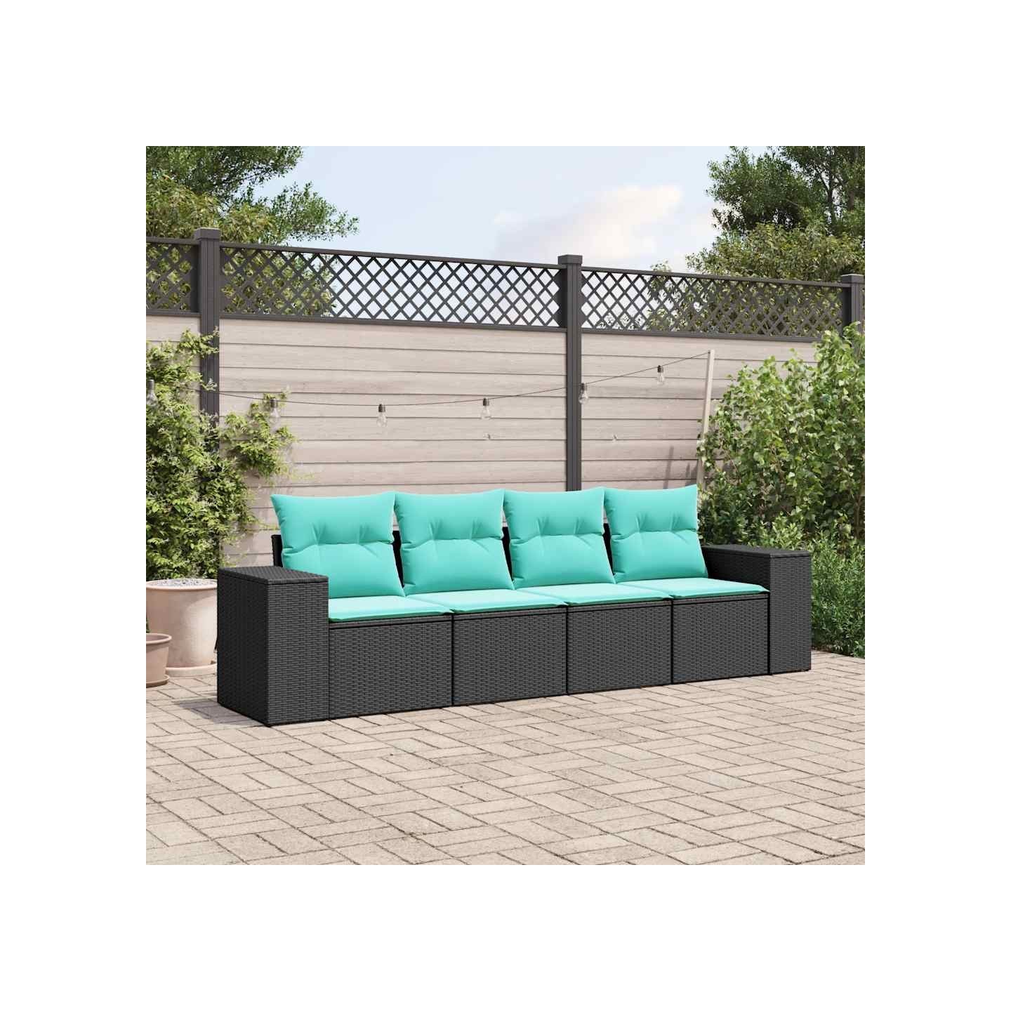 Salon de jardin 4 pcs avec coussins noir résine tressée