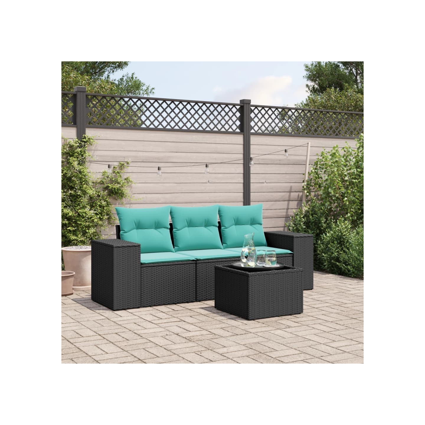 Ensemble de canapé de jardin 4 pcs avec coussins noir résine tressée