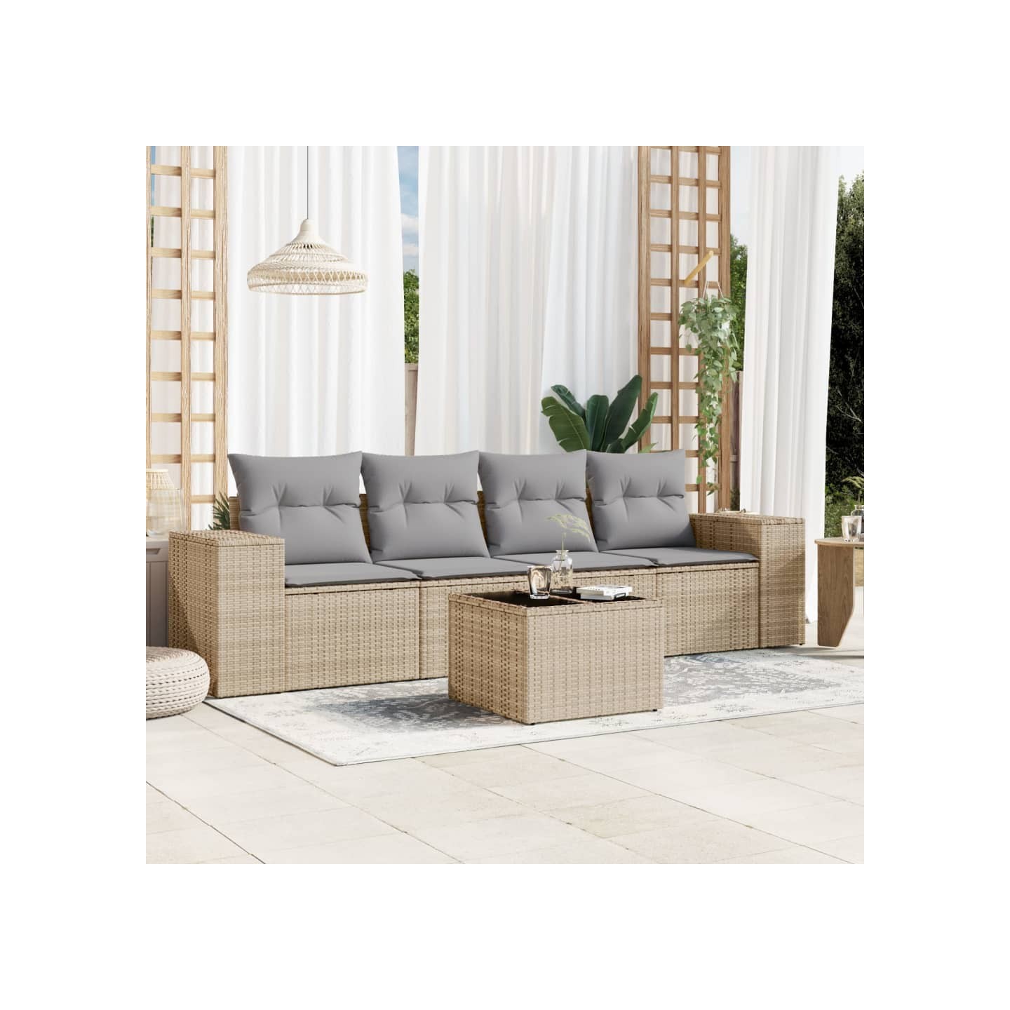 Salon de jardin avec coussins 5 pcs beige résine tressée