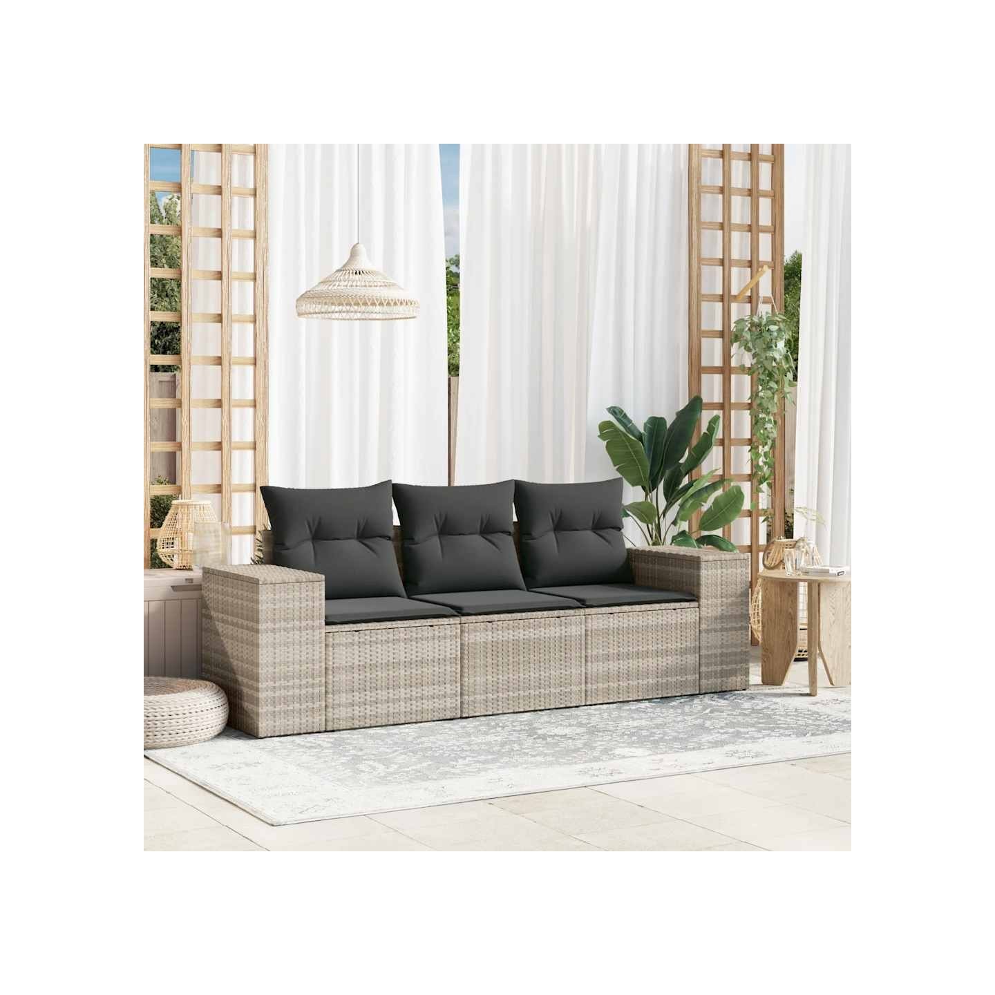 Salon de jardin avec coussins 3 pcs gris clair résine tressée