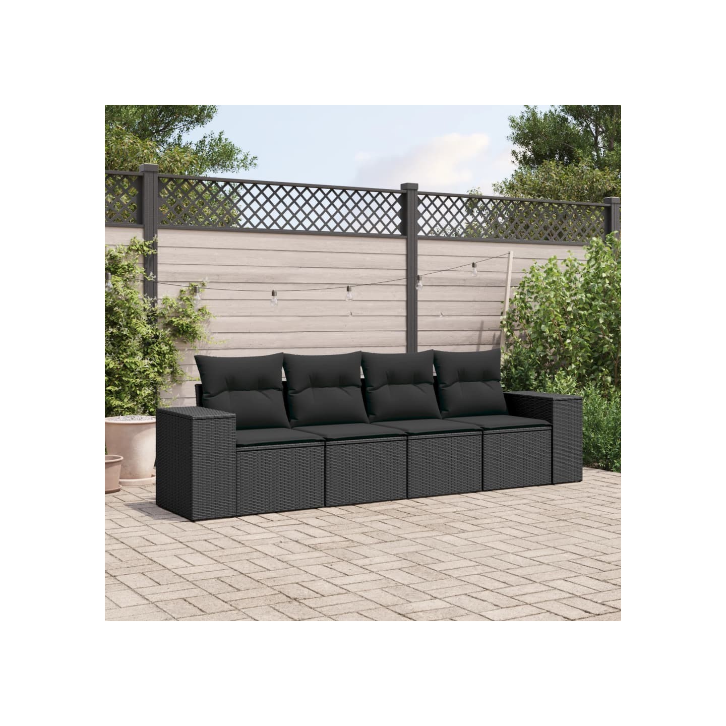 Salon de jardin 4 pcs avec coussins noir résine tressée