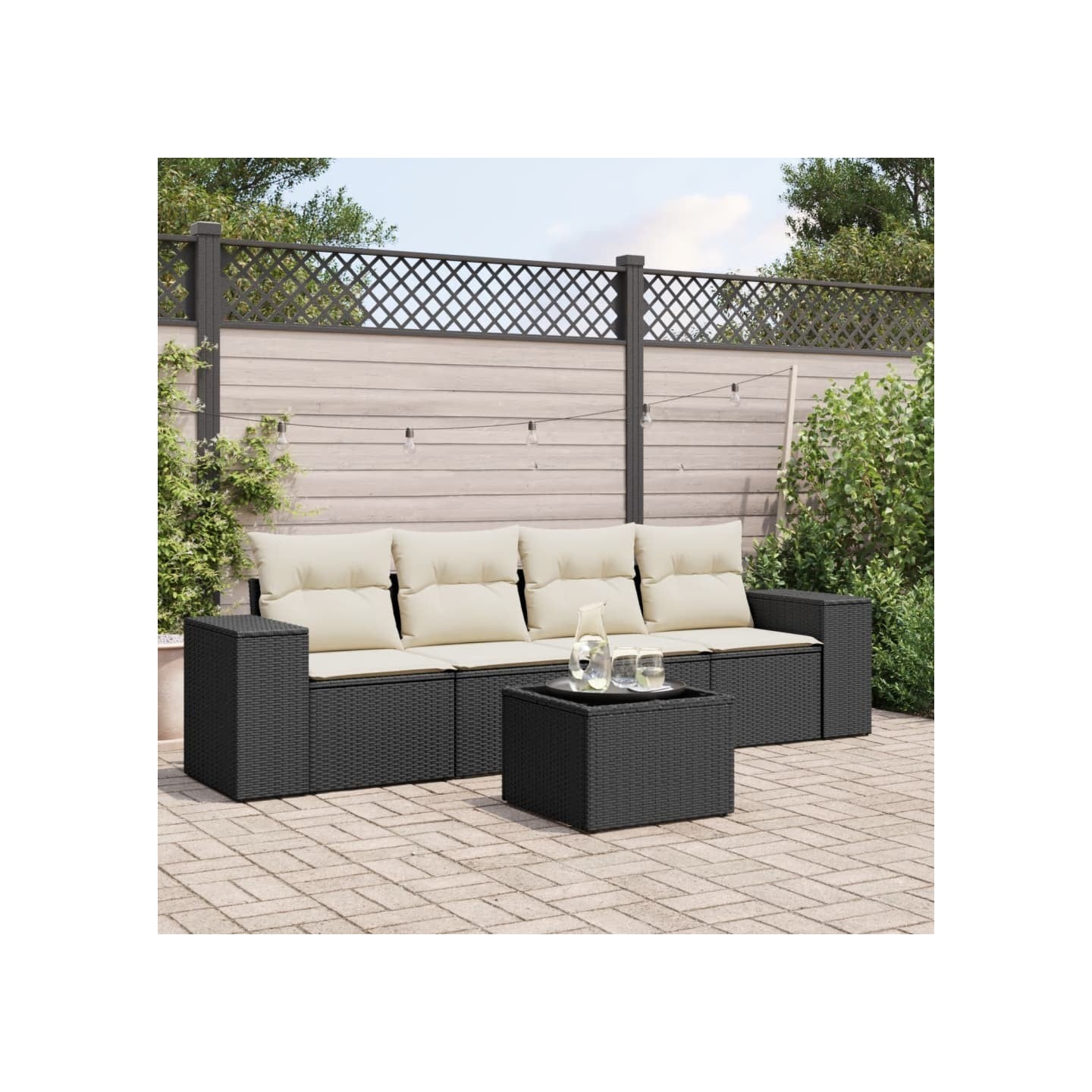 Salon de jardin 5 pcs avec coussins noir résine tressée