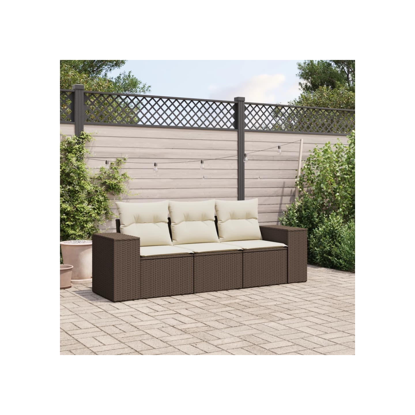 Salon de jardin avec coussins 3 pcs marron résine tressée