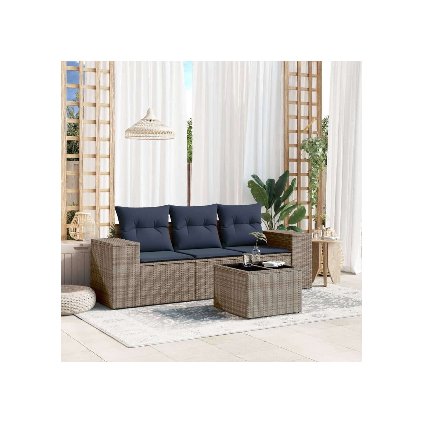 Ensemble de canapé de jardin 4 pcs avec coussins gris résine tressée