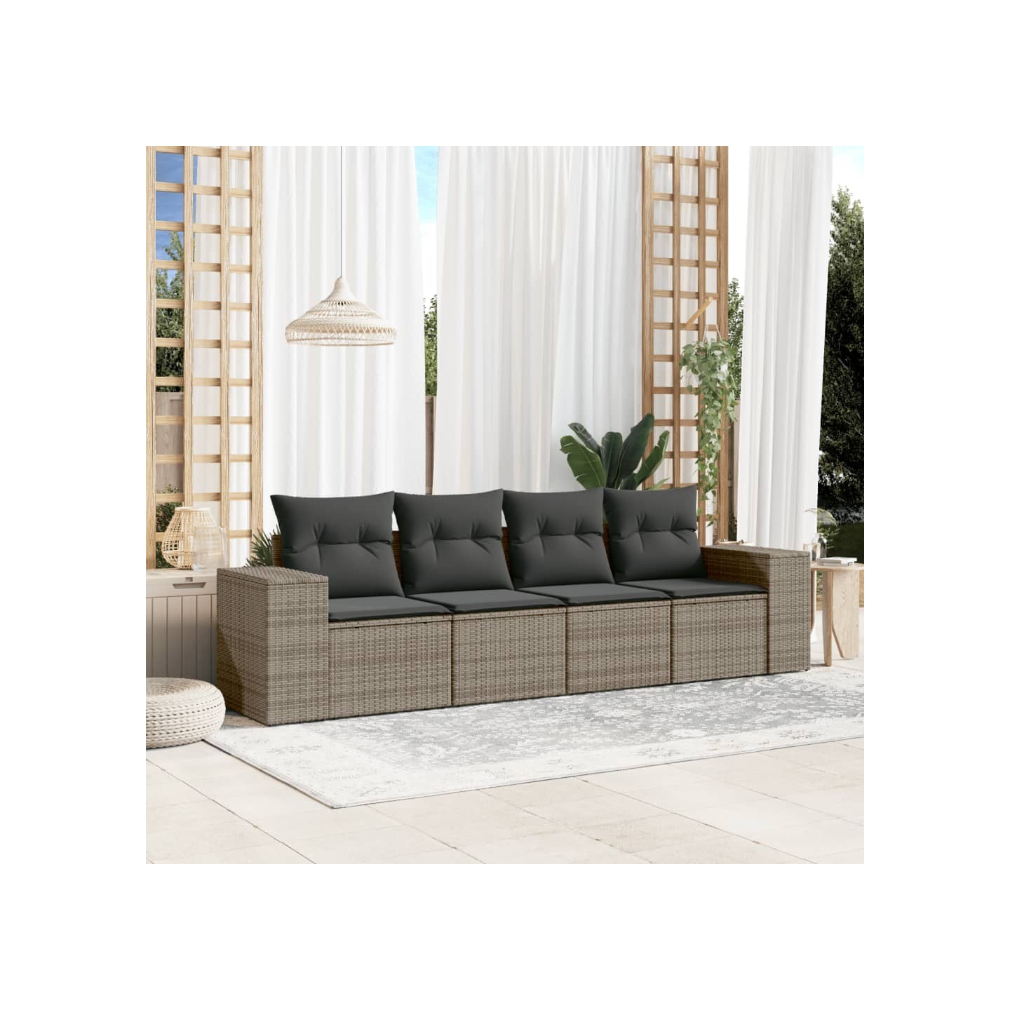 Salon de jardin 4 pcs avec coussins gris résine tressée