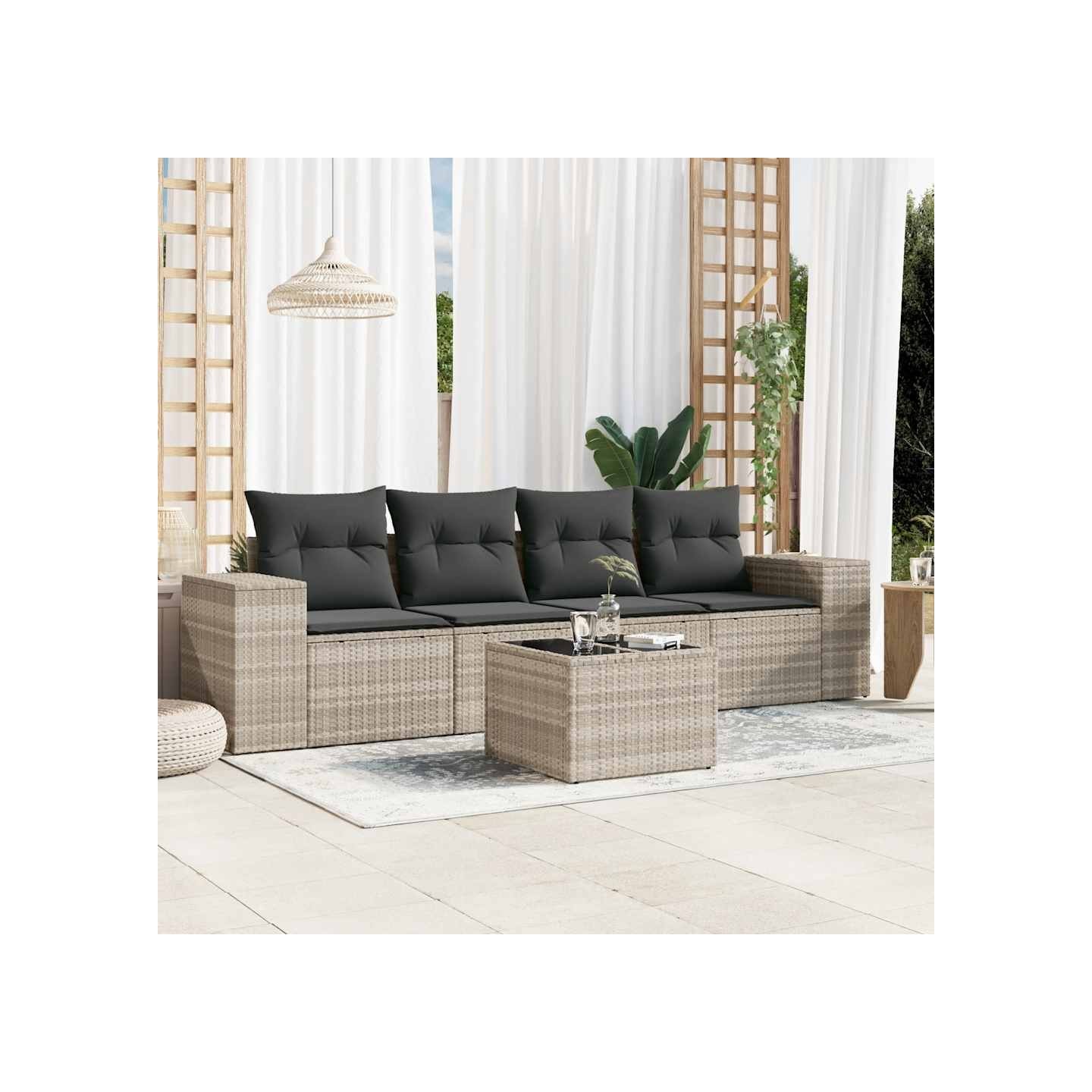 Salon de jardin 5 pcs avec coussins gris clair résine tressée