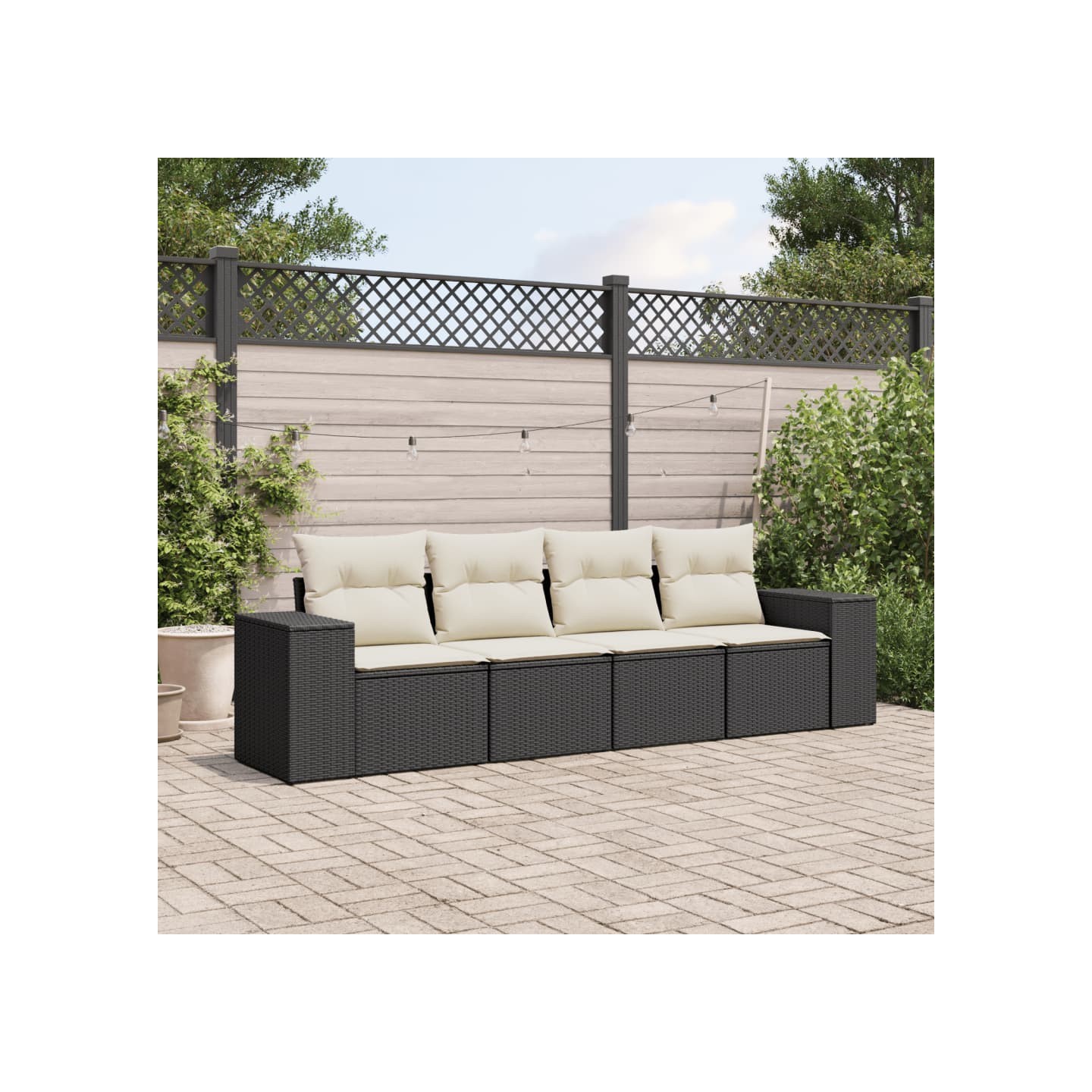 Salon de jardin 4 pcs avec coussins noir résine tressée
