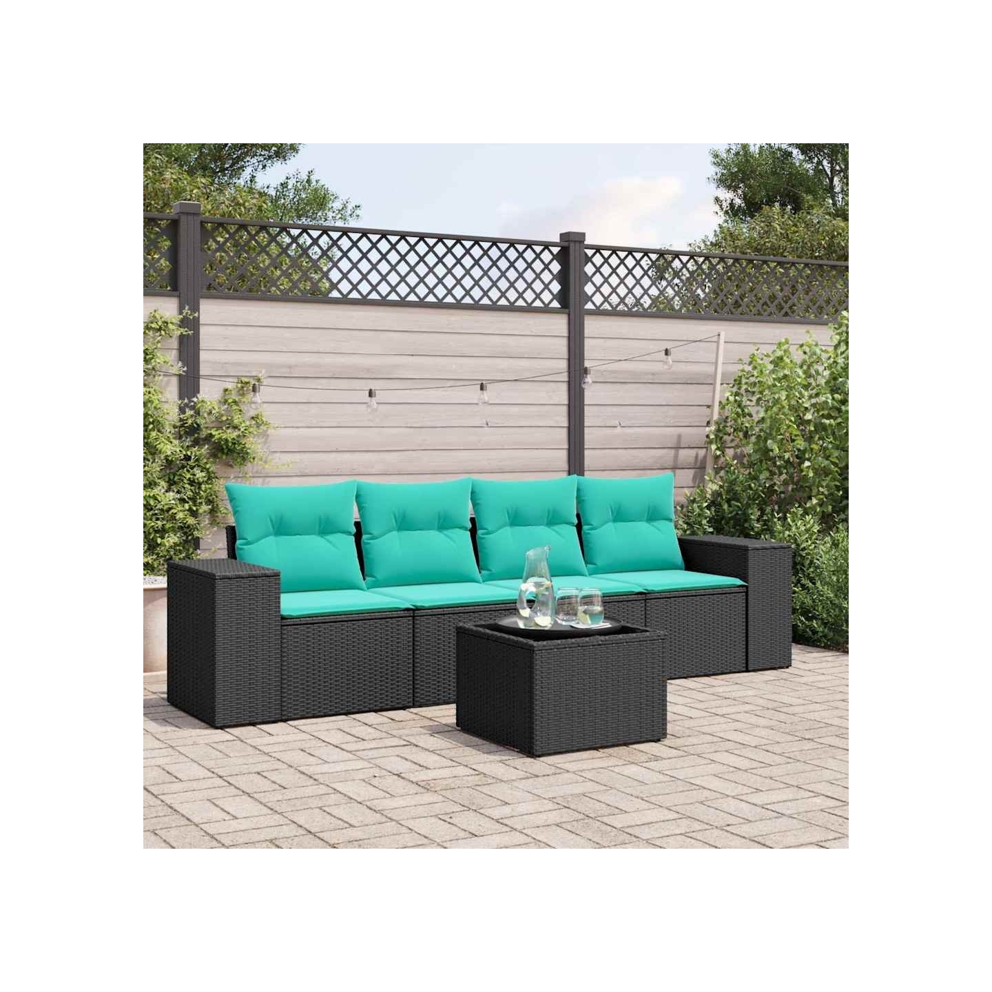 Ensemble de canapé de jardin 5 pcs avec coussins noir résine tressée