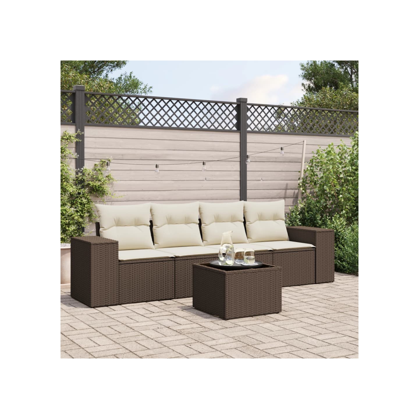 Salon de jardin avec coussins 5 pcs marron résine tressée