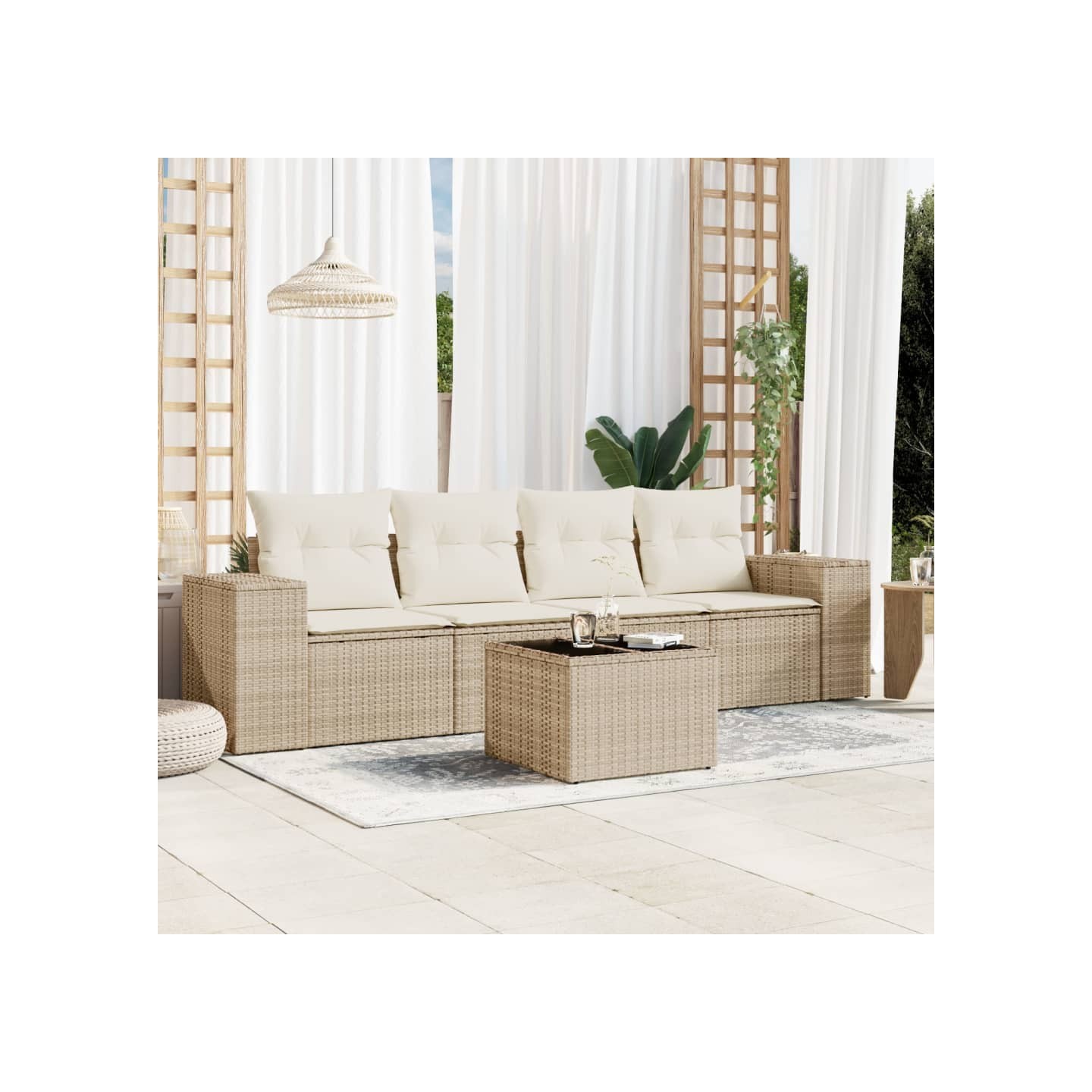 Salon de jardin avec coussins 5 pcs beige résine tressée