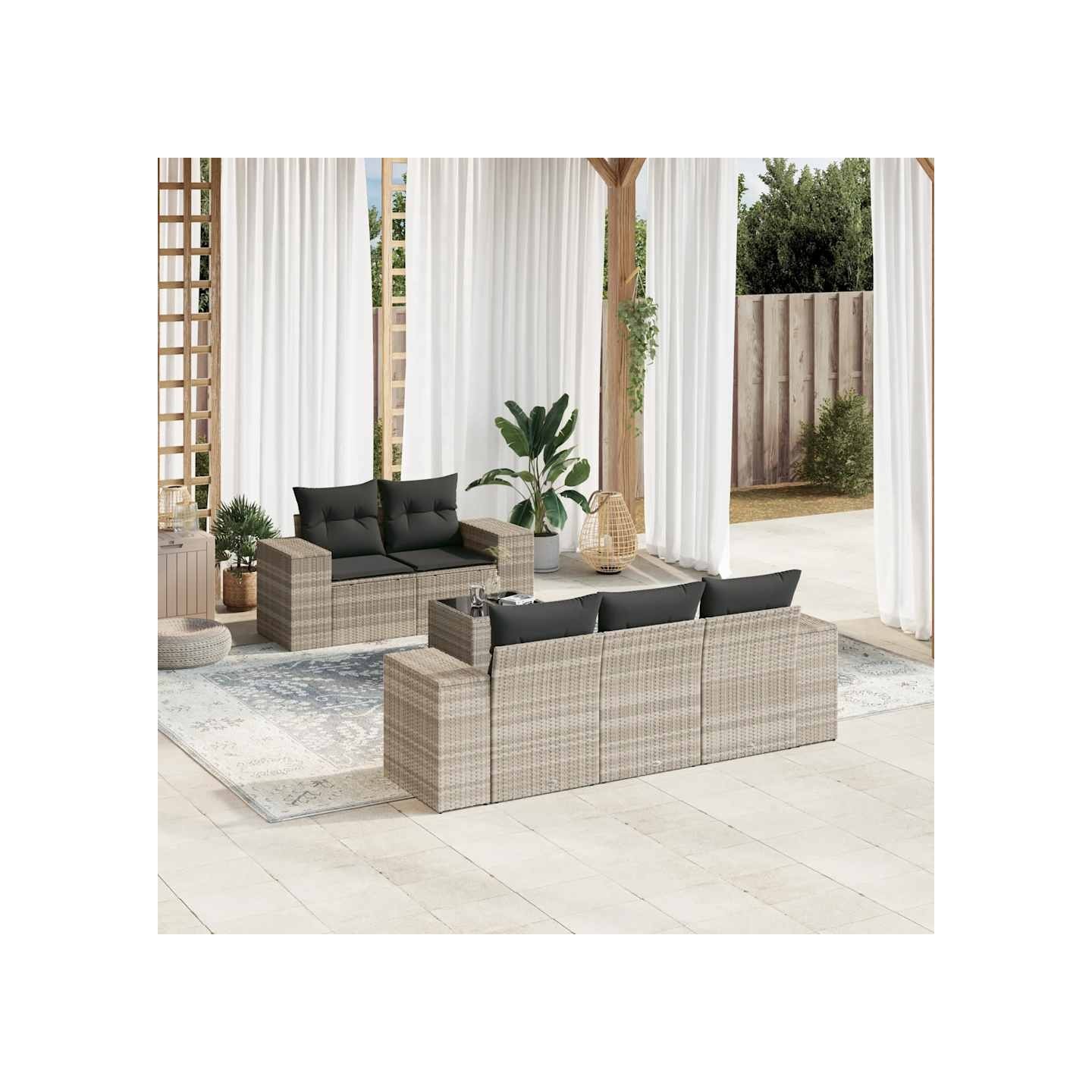 Salon de jardin 6 pcs avec coussins gris clair résine tressée