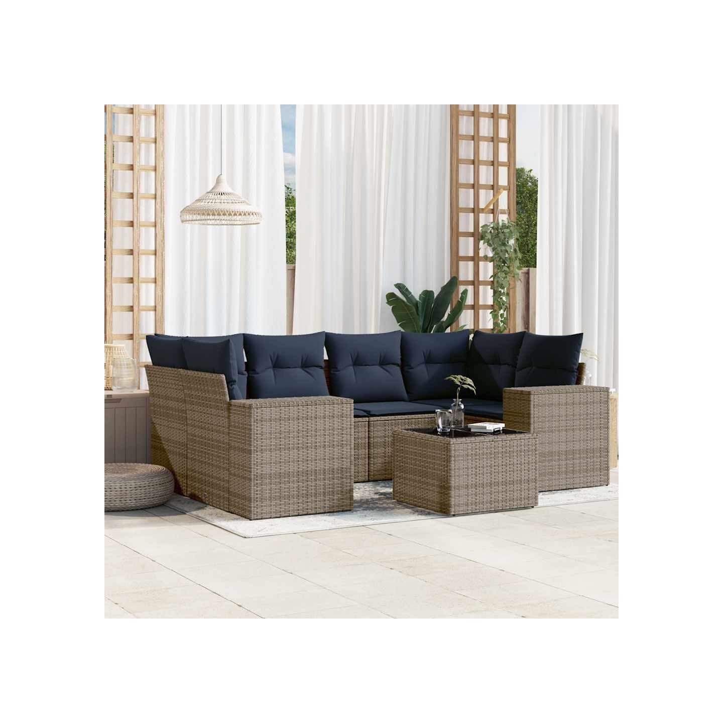 Ensemble de canapé de jardin 7 pcs avec coussins gris résine tressée