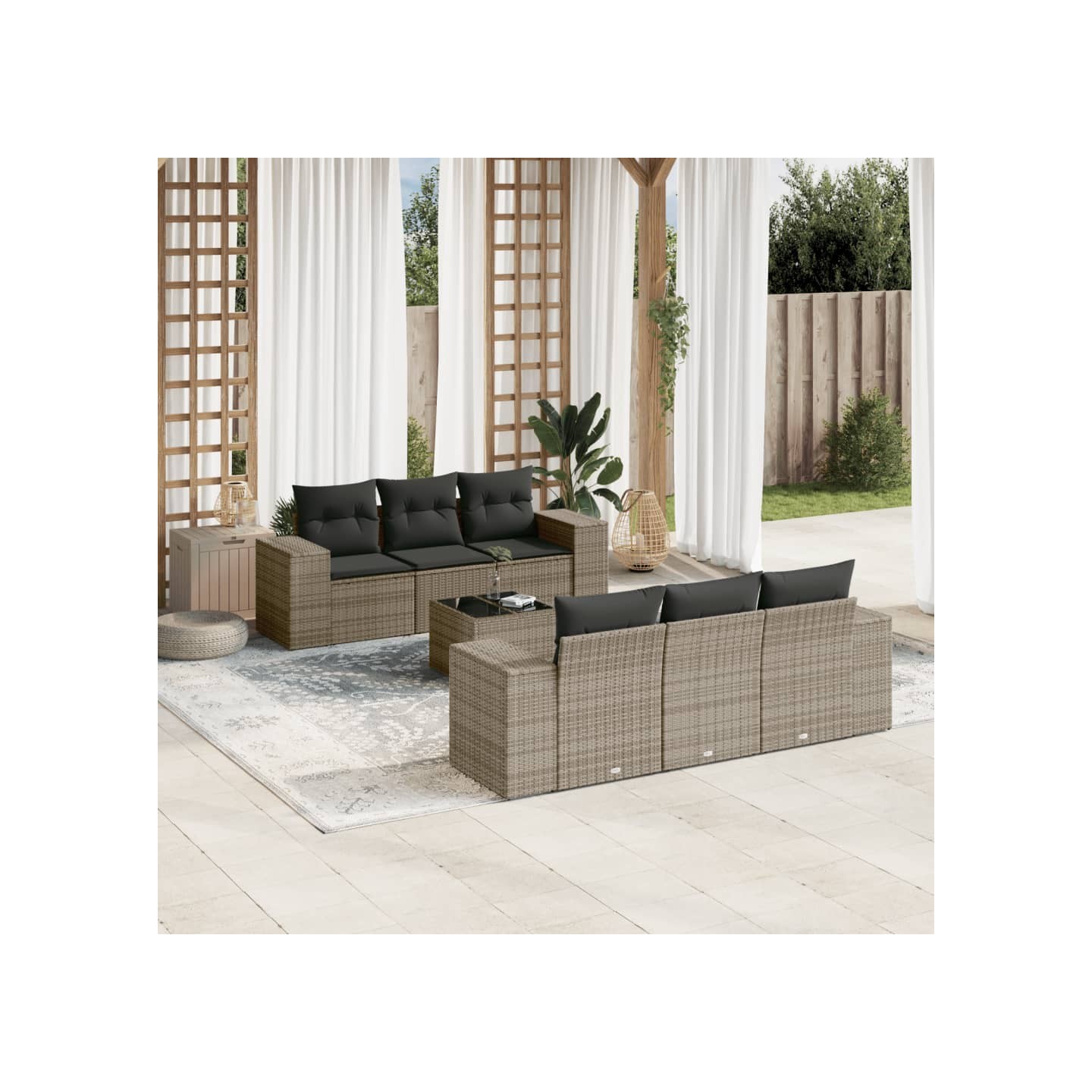 Salon de jardin avec coussins 7 pcs gris résine tressée
