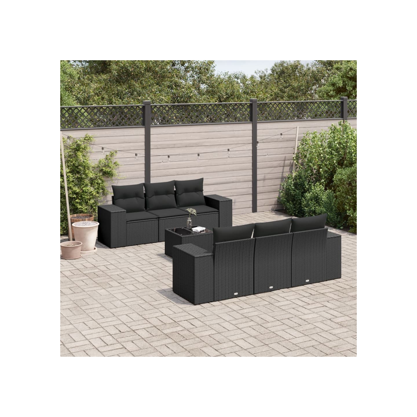 Salon de jardin 7 pcs avec coussins noir résine tressée