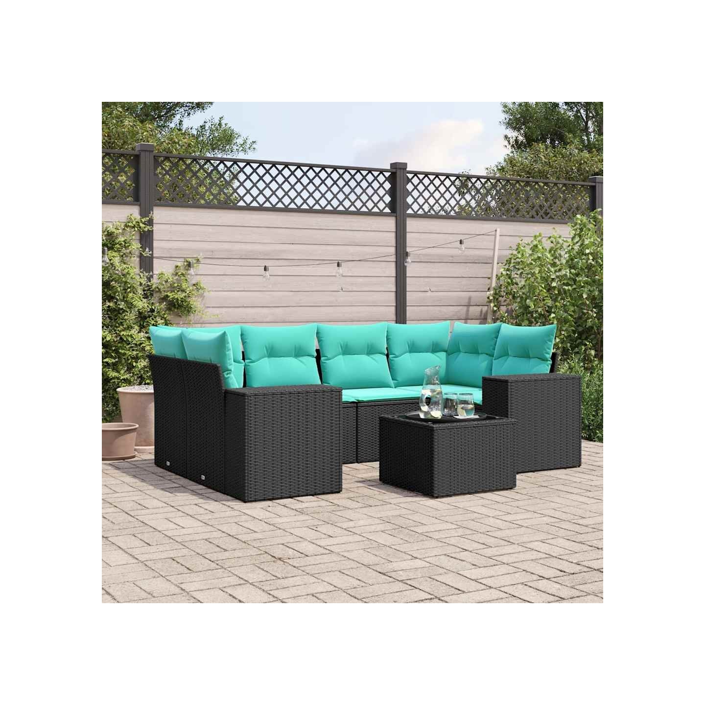 Ensemble de canapé de jardin 7 pcs avec coussins noir résine tressée