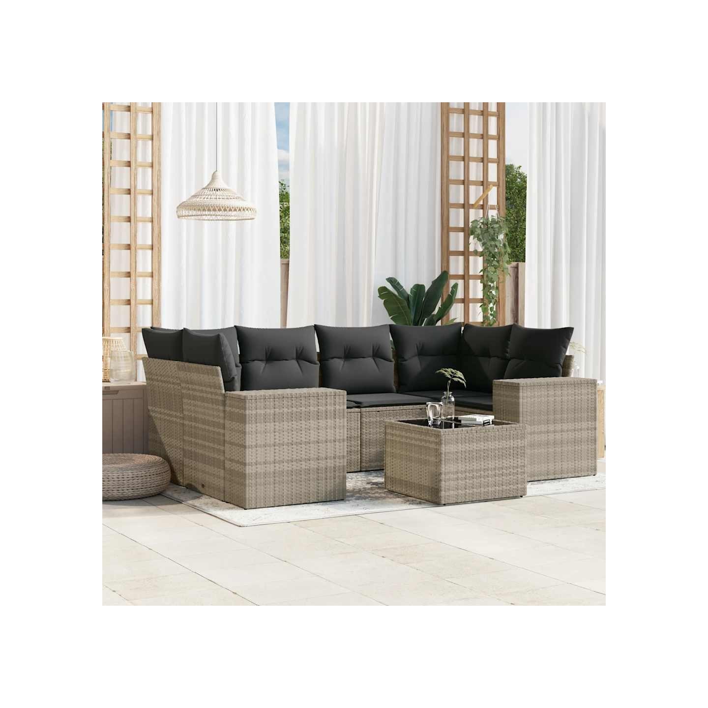 Salon de jardin avec coussins 7 pcs gris clair résine tressée