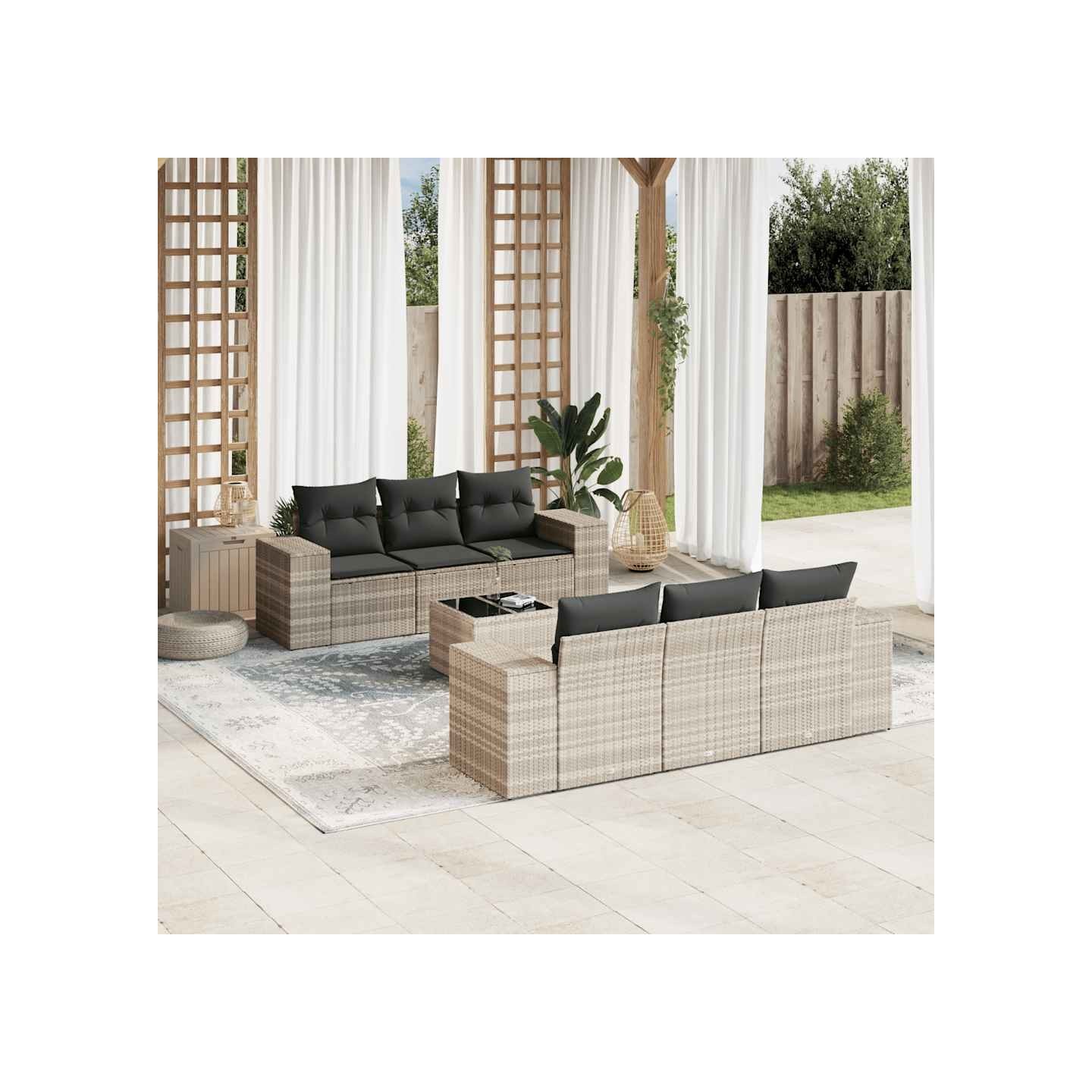 Salon de jardin avec coussins 7 pcs gris clair résine tressée