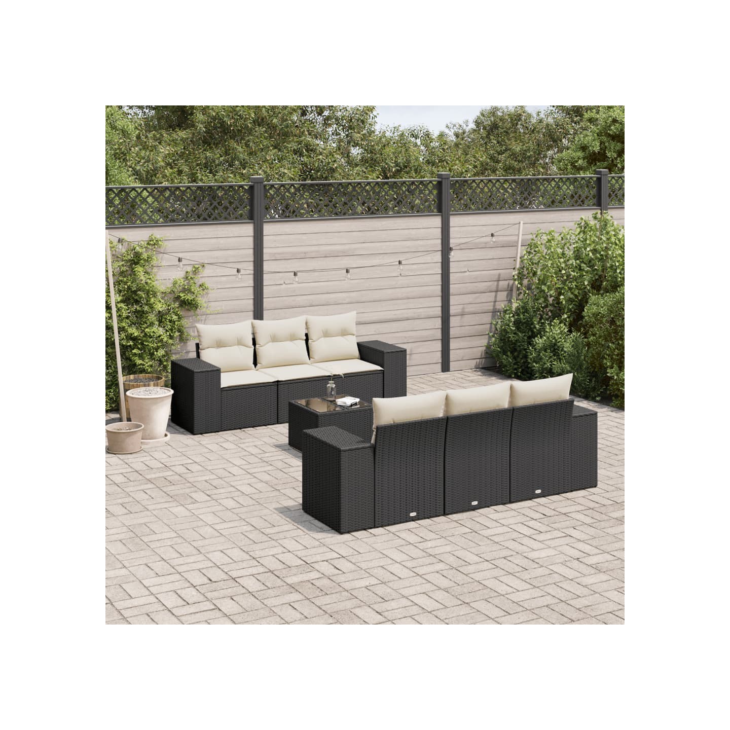 Salon de jardin 7 pcs avec coussins noir résine tressée