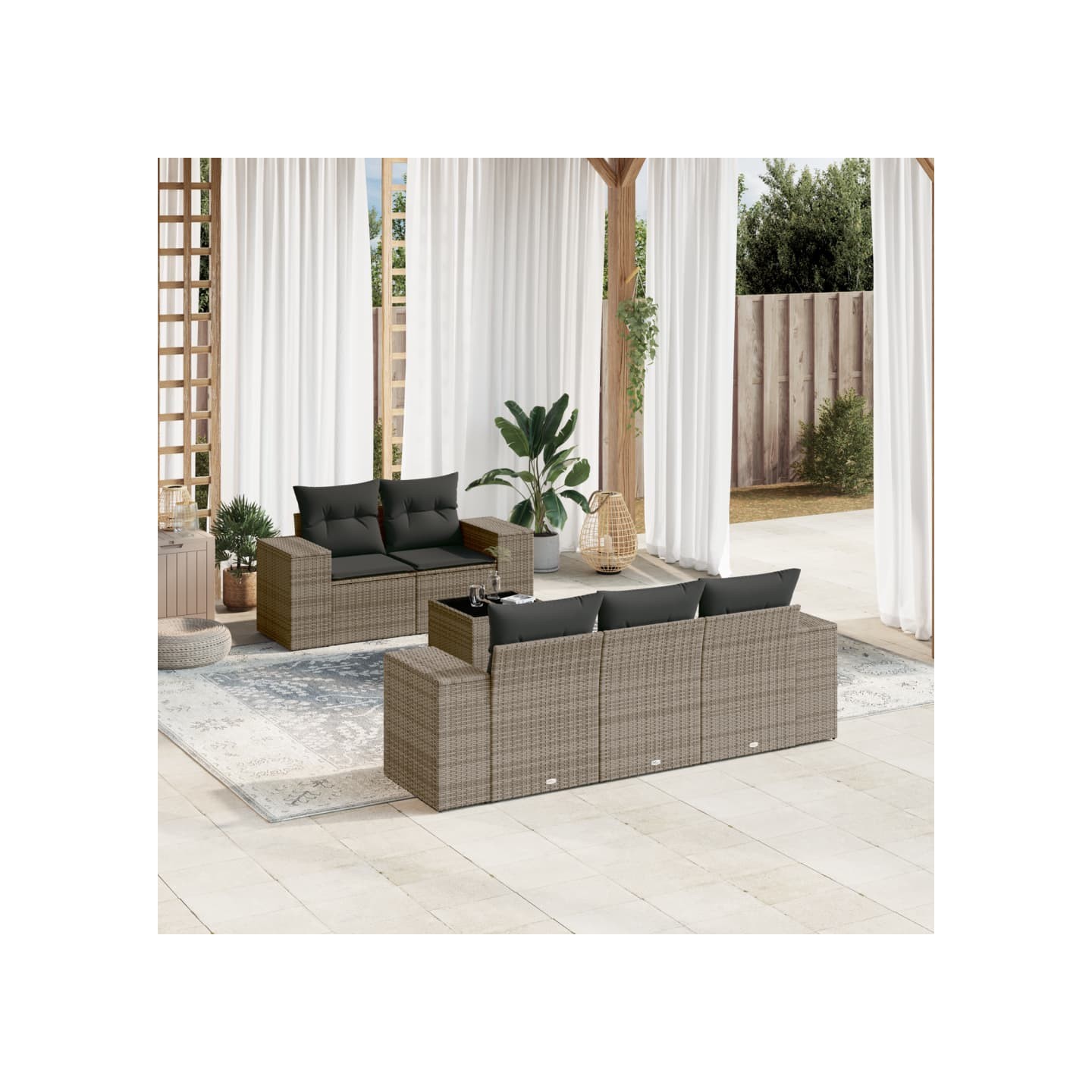 Salon de jardin 6 pcs avec coussins gris résine tressée